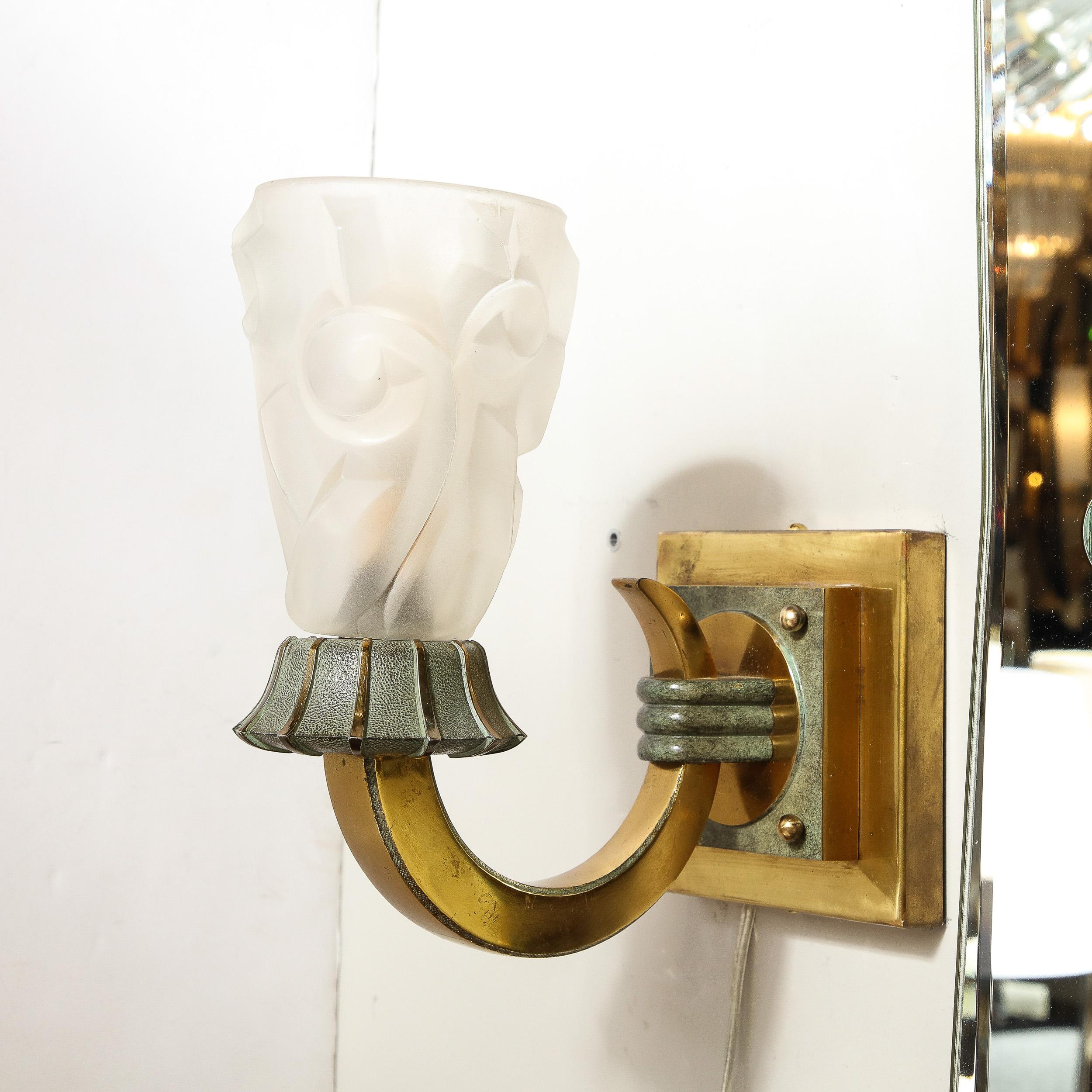 Pair of Art Deco Sconces in Patinated and Polished Brass signed Degué For Sale 1
