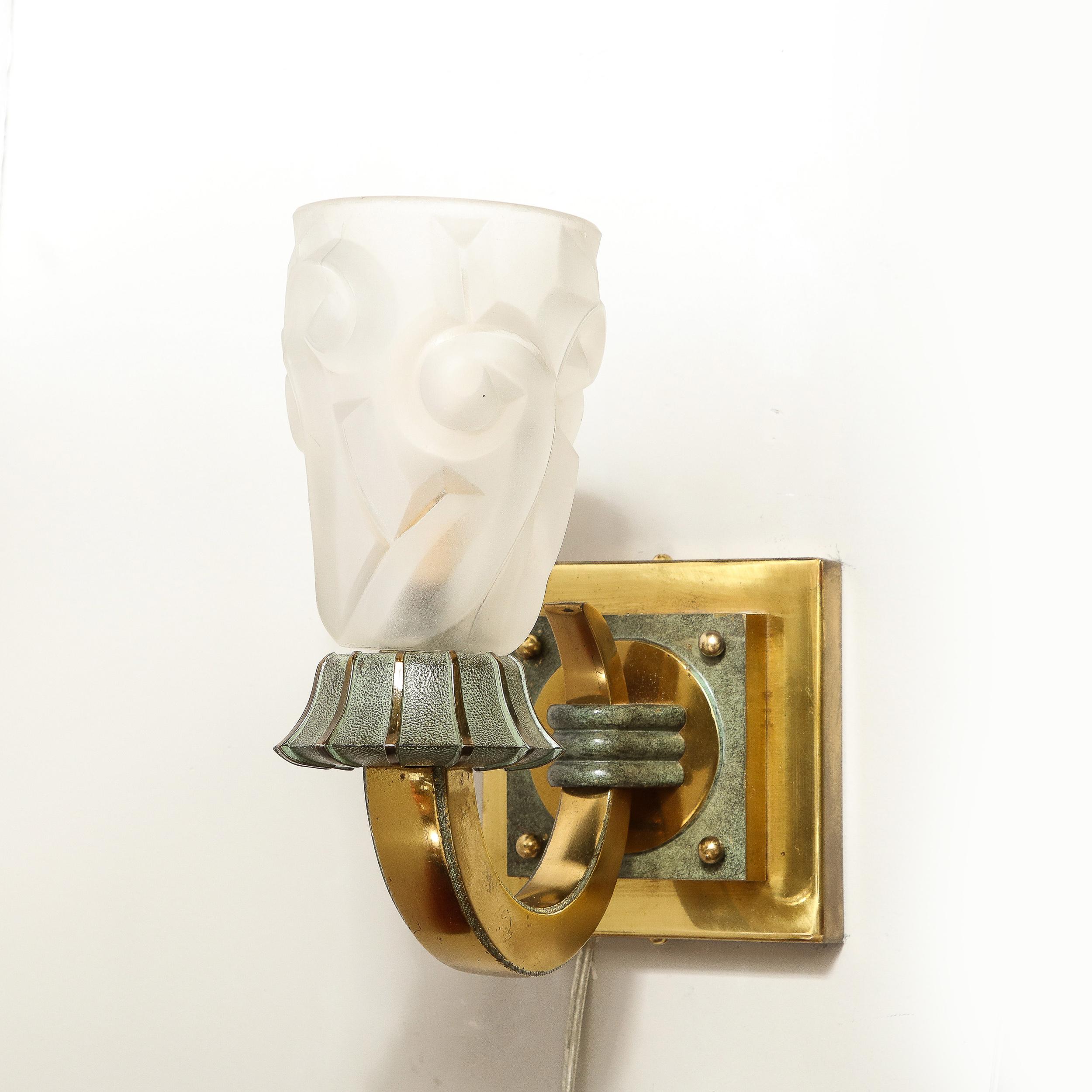 Pair of Art Deco Sconces in Patinated and Polished Brass signed Degué For Sale 2
