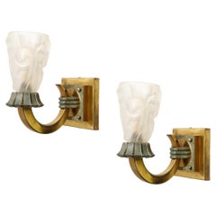 Pair of Art Deco Sconces in Patinated and Polished Brass signed Degué