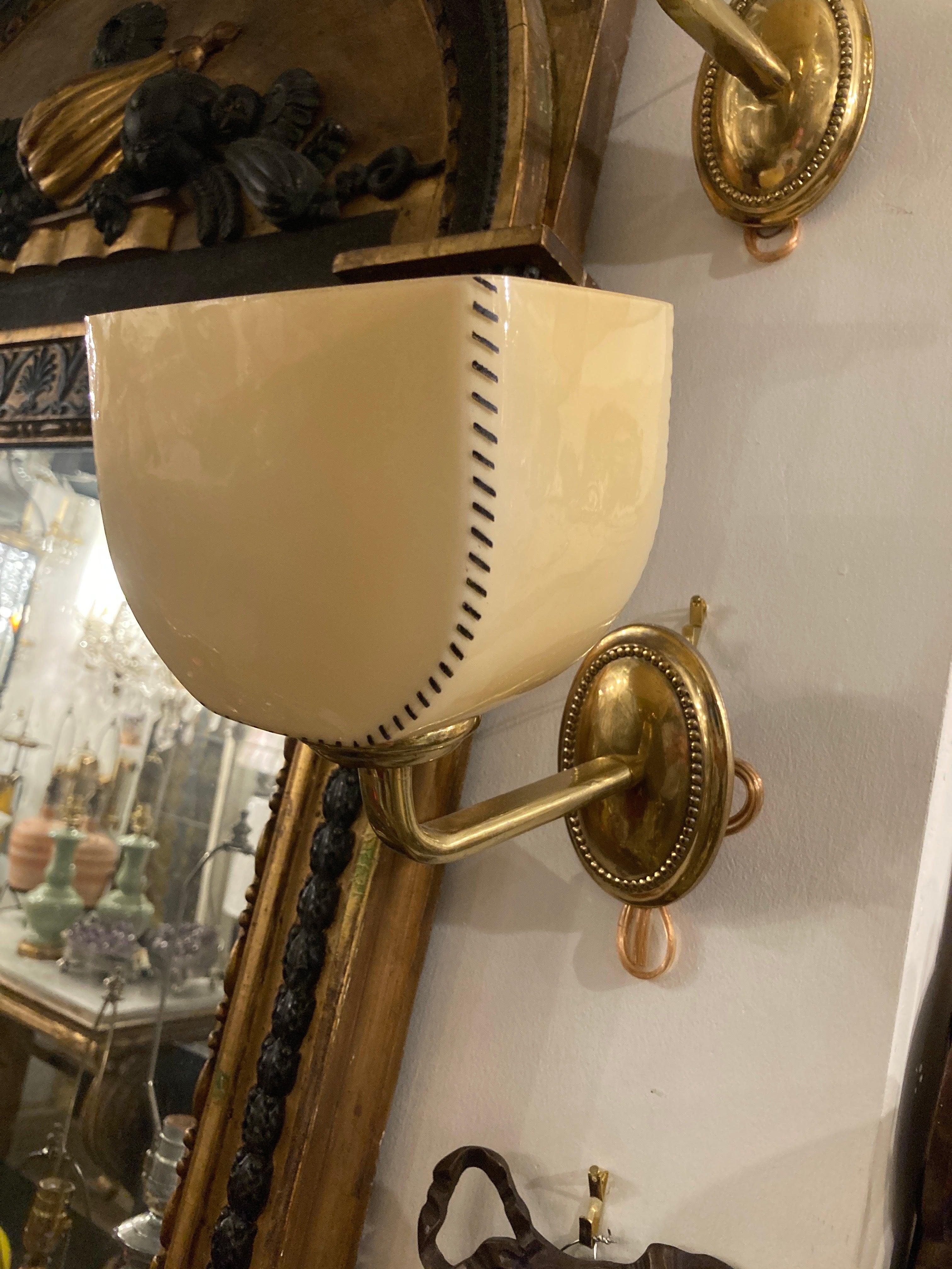 Pair of Art Deco Sconces with Opaline Glass Shades 1