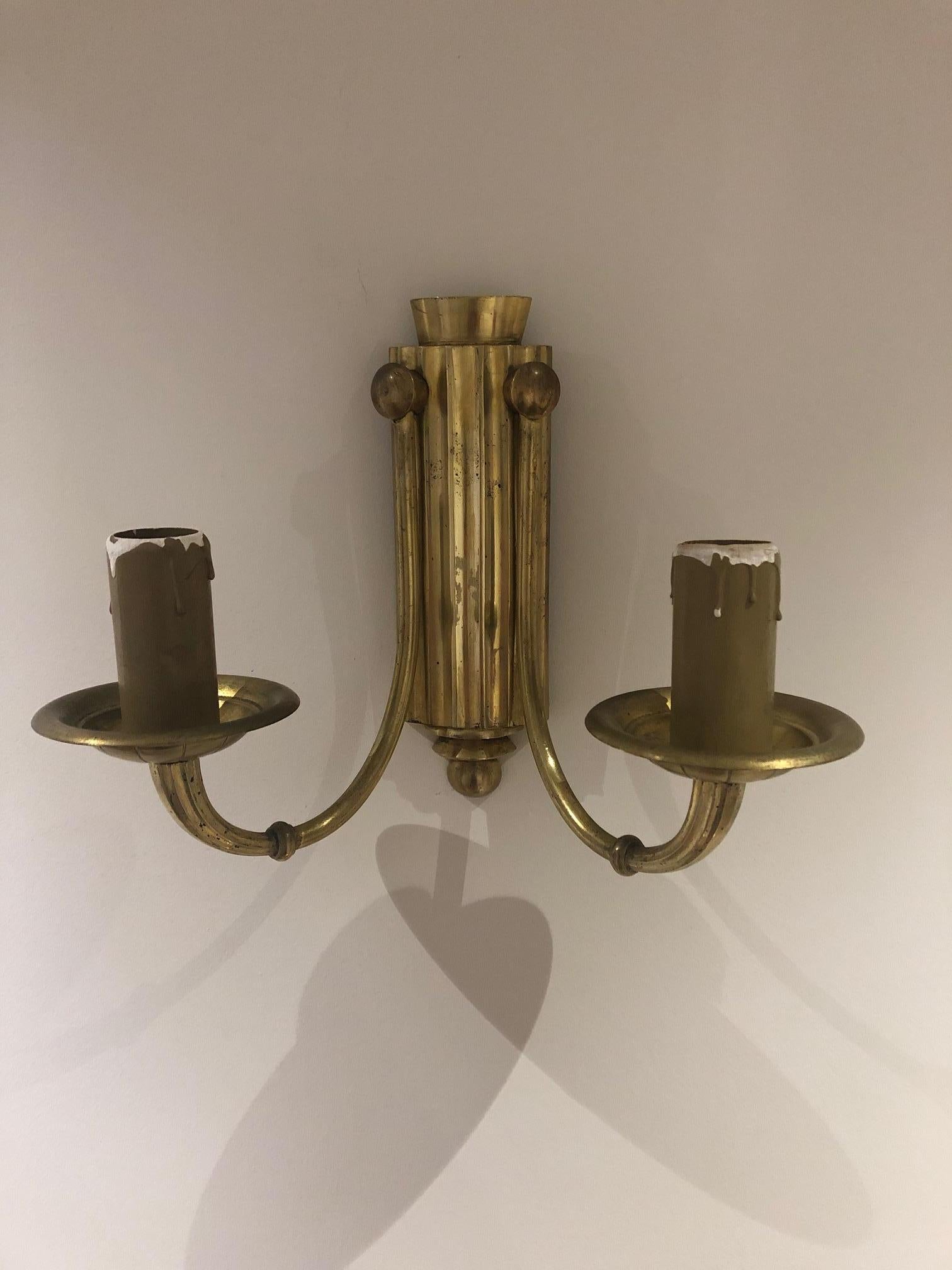 Brass Pair of Art Deco Sconces with Two Lights For Sale