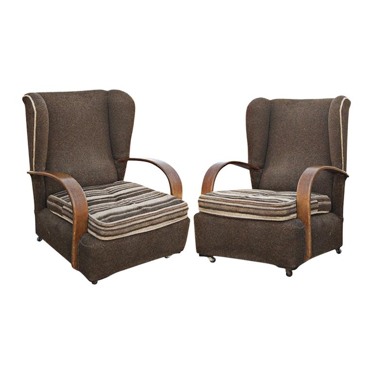 Pair of Art Deco Scrolled Arms Wing Chairs For Sale