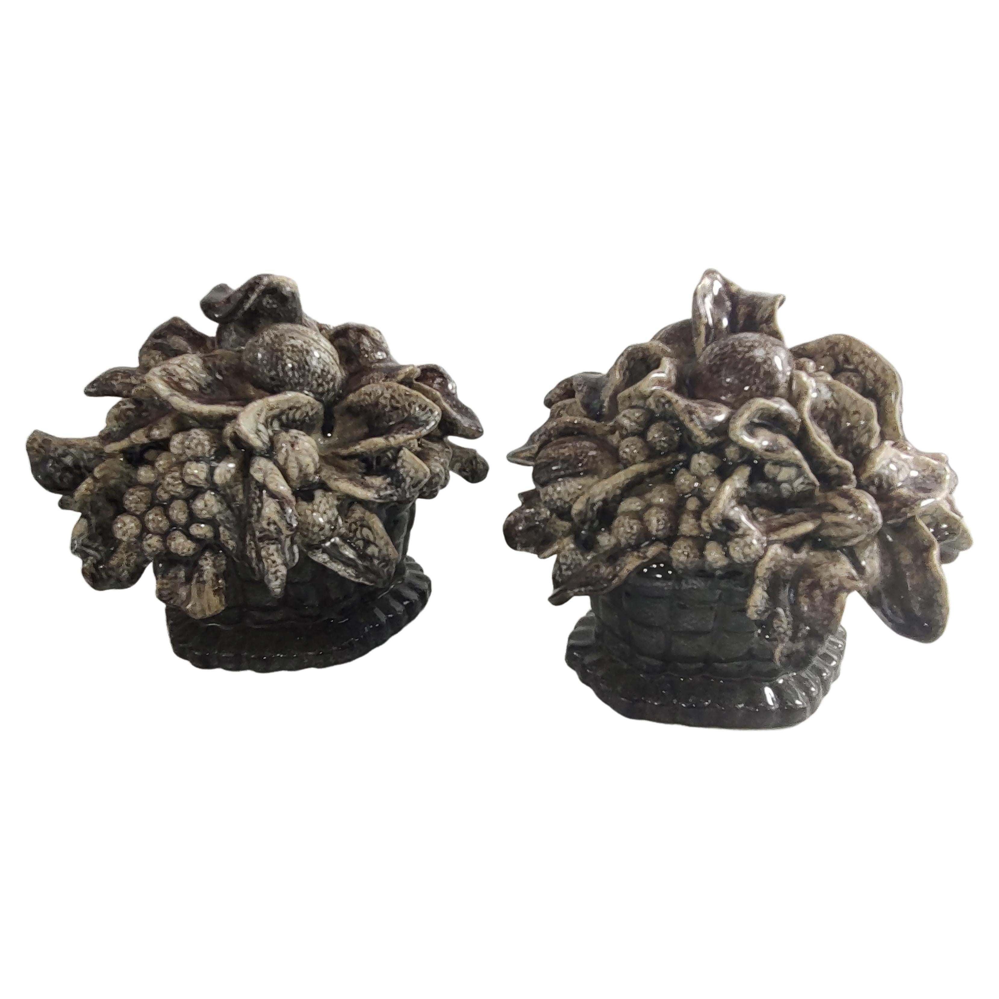 Glazed Pair of Art Deco Sculptures by Marcel Guillard Mottled Fruits in a Bowl France For Sale