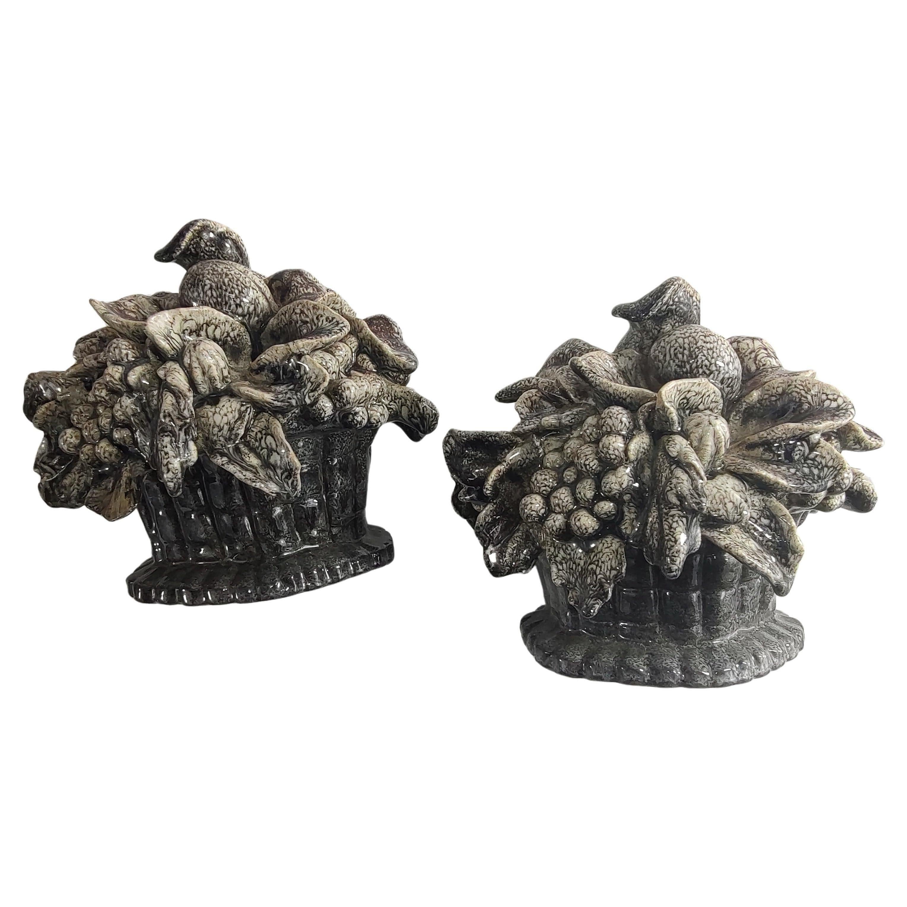 Pair of Art Deco Sculptures by Marcel Guillard Mottled Fruits in a Bowl France  For Sale