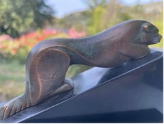 Pair of Art Deco See Lions Book ends, Bronze and Marble, Black, France, 1940