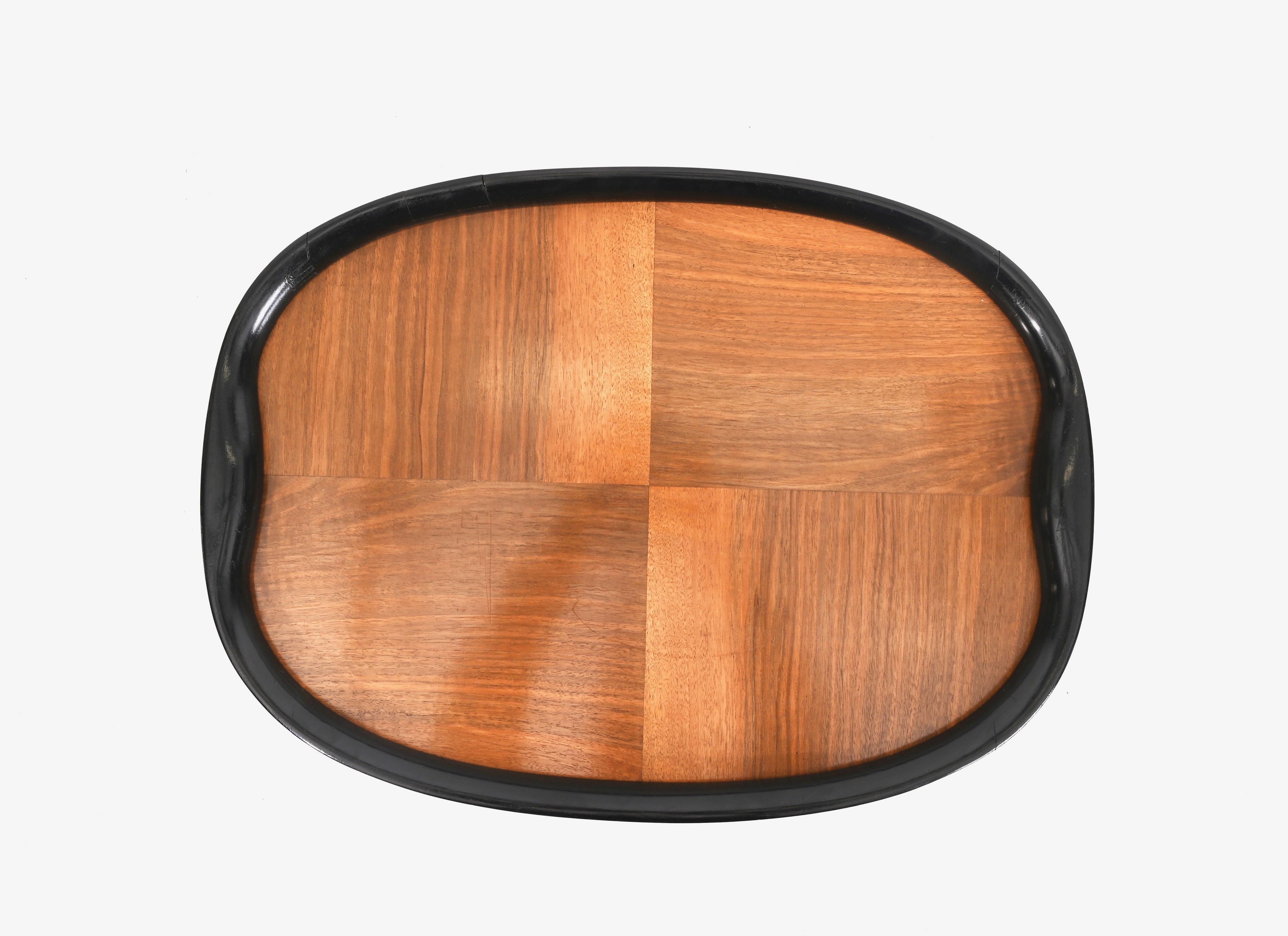 Pair of Art Deco Serving Trays, Ebonized Wood and Walnut, Italy, 1940s For Sale 11