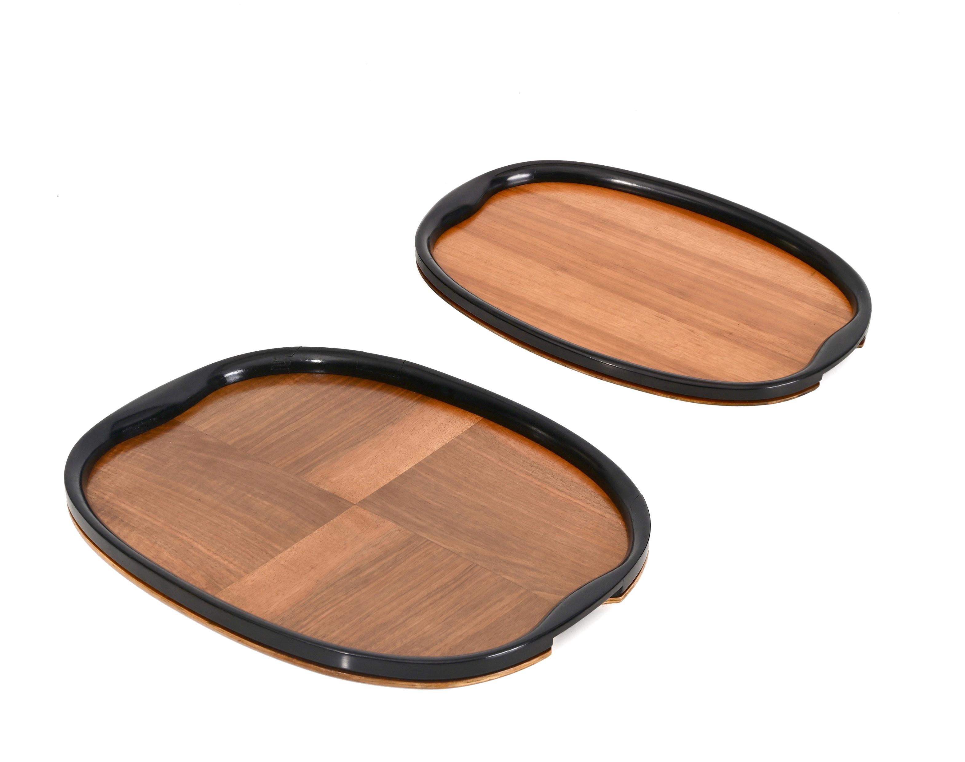 Pair of Art Deco Serving Trays, Ebonized Wood and Walnut, Italy, 1940s For Sale 13