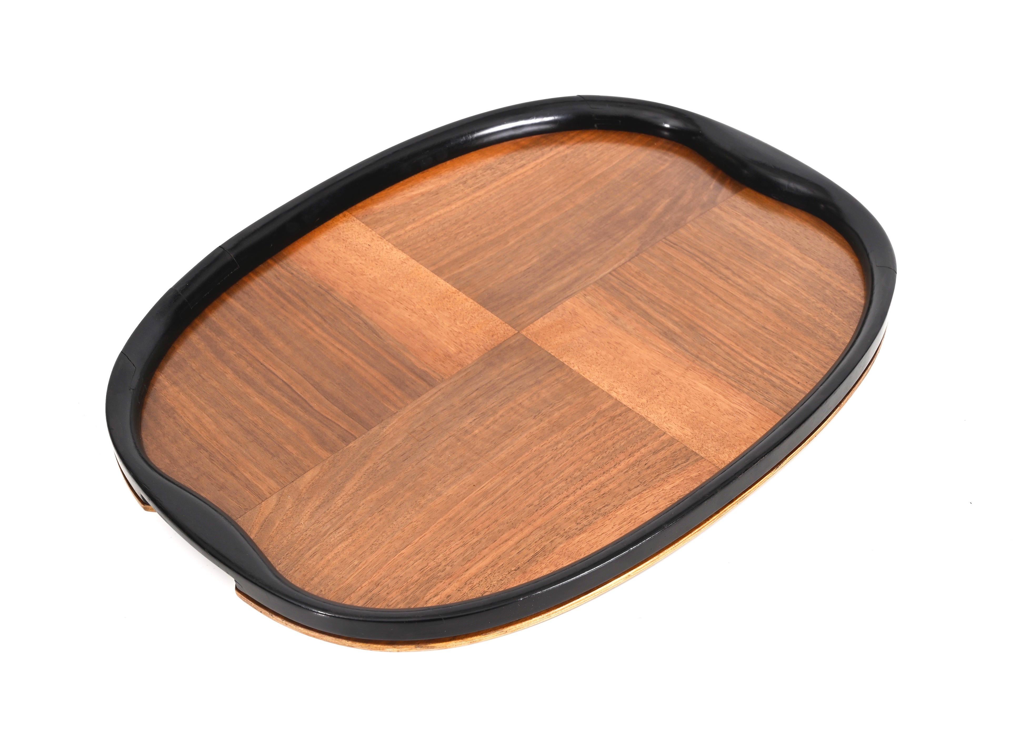 Italian Pair of Art Deco Serving Trays, Ebonized Wood and Walnut, Italy, 1940s For Sale