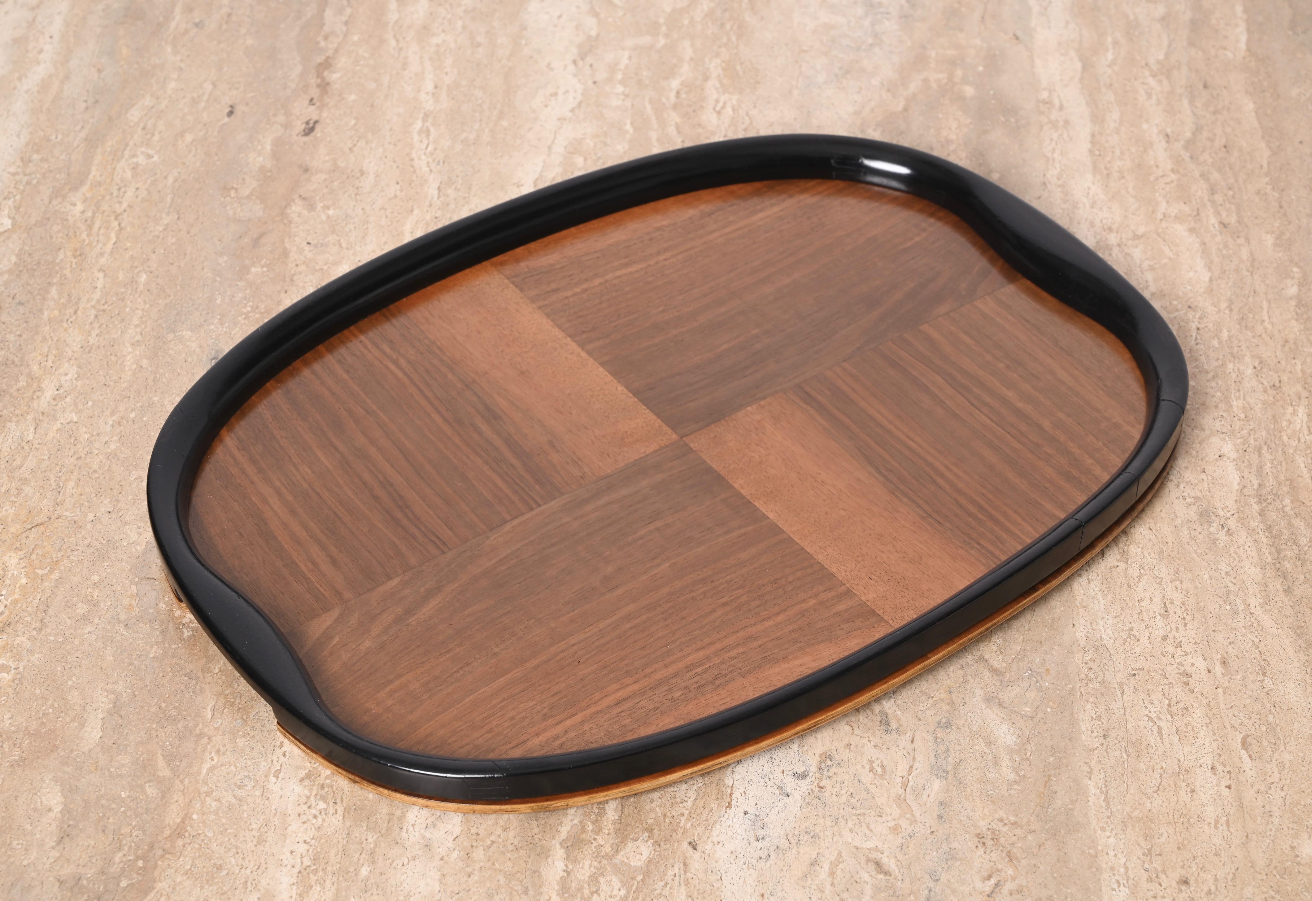 Pair of Art Deco Serving Trays, Ebonized Wood and Walnut, Italy, 1940s For Sale 1