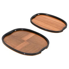 Vintage Pair of Art Deco Serving Trays, Ebonized Wood and Walnut, Italy, 1940s