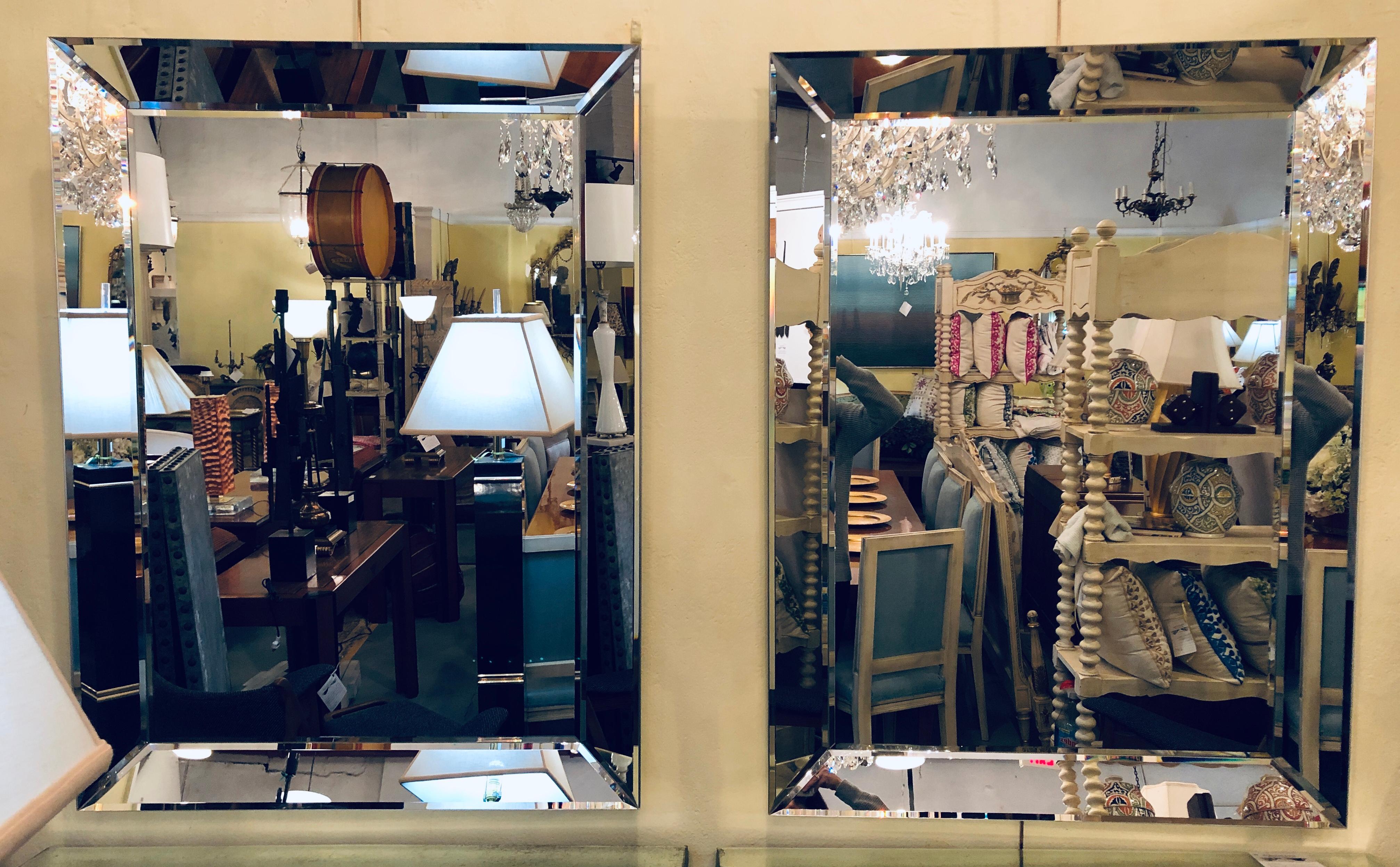 Pair of Art Deco shadow box wall or console mirrors. This is a fine and classy pair of clean and sharp wall or console mirrors. Deknudt Decora Belgian,
