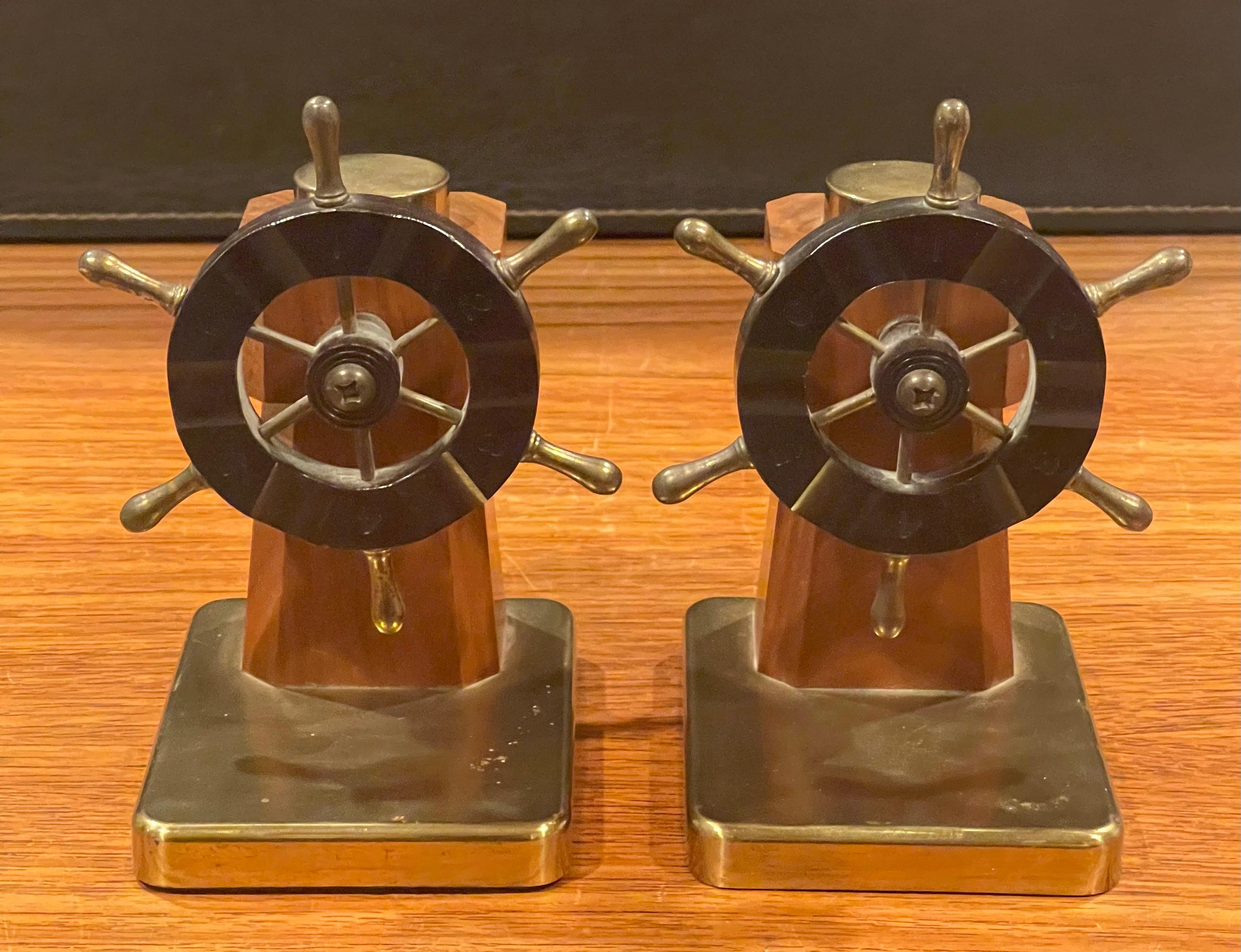 Brass Pair of Art Deco Ship's Wheel Bookends by Walter Von Nessen for Chase & Co. For Sale