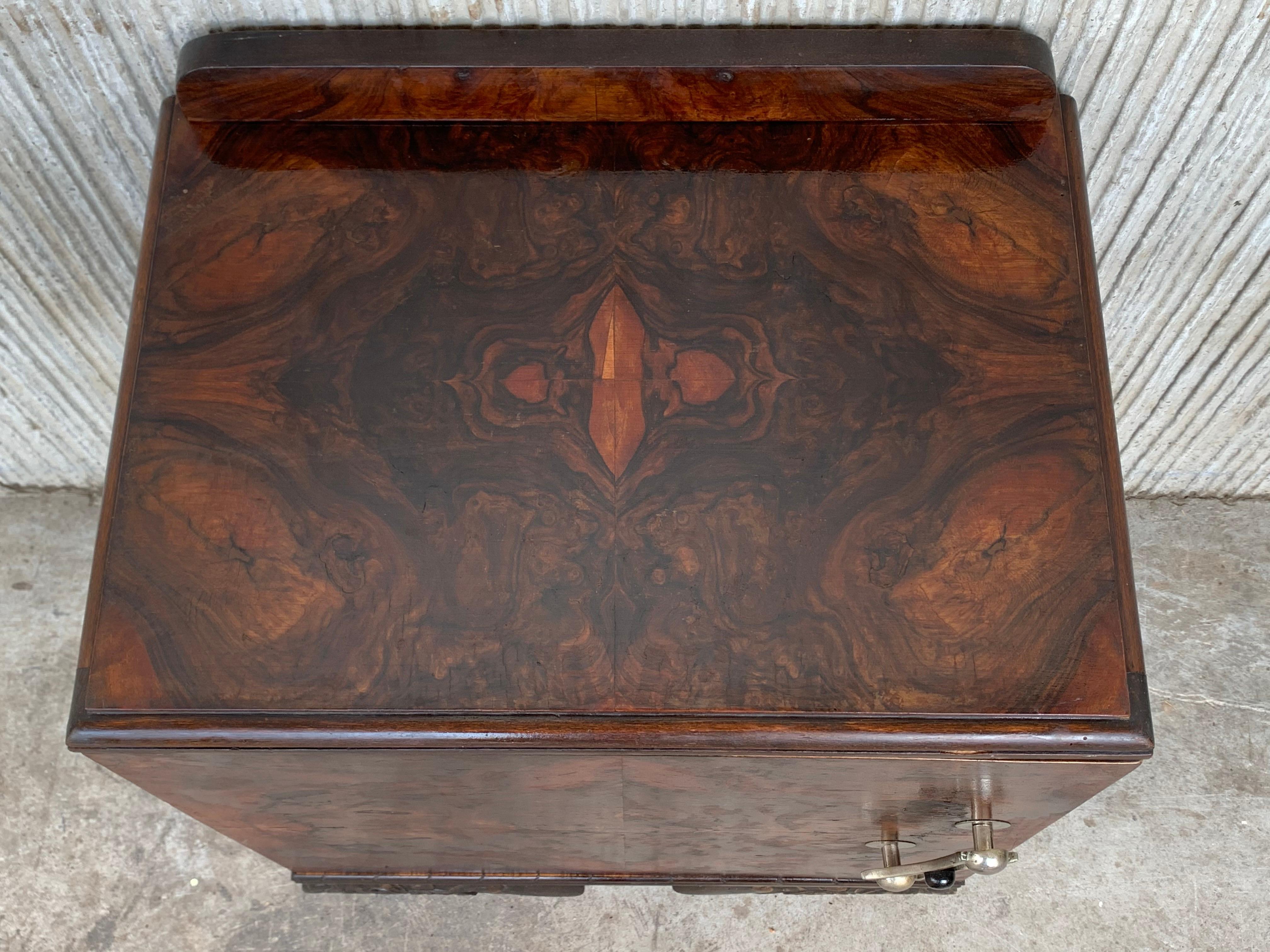 Burl Pair of Art Deco Side Cabinets or Nightstands with Carved Ebonized Base For Sale