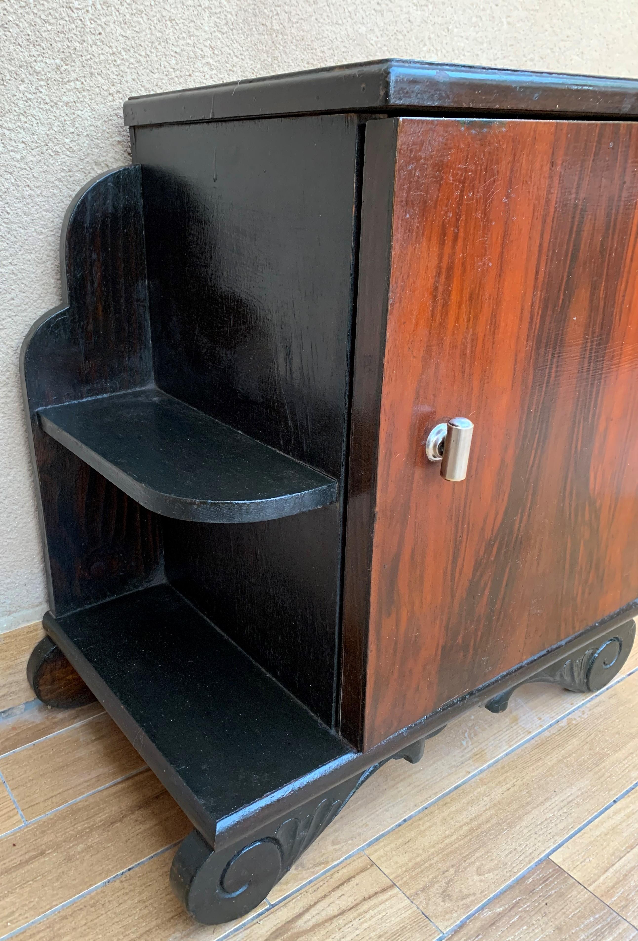 Pair of Art Deco Side Cabinets or Nightstands with Ebonized Base and Burl Walnut For Sale 5