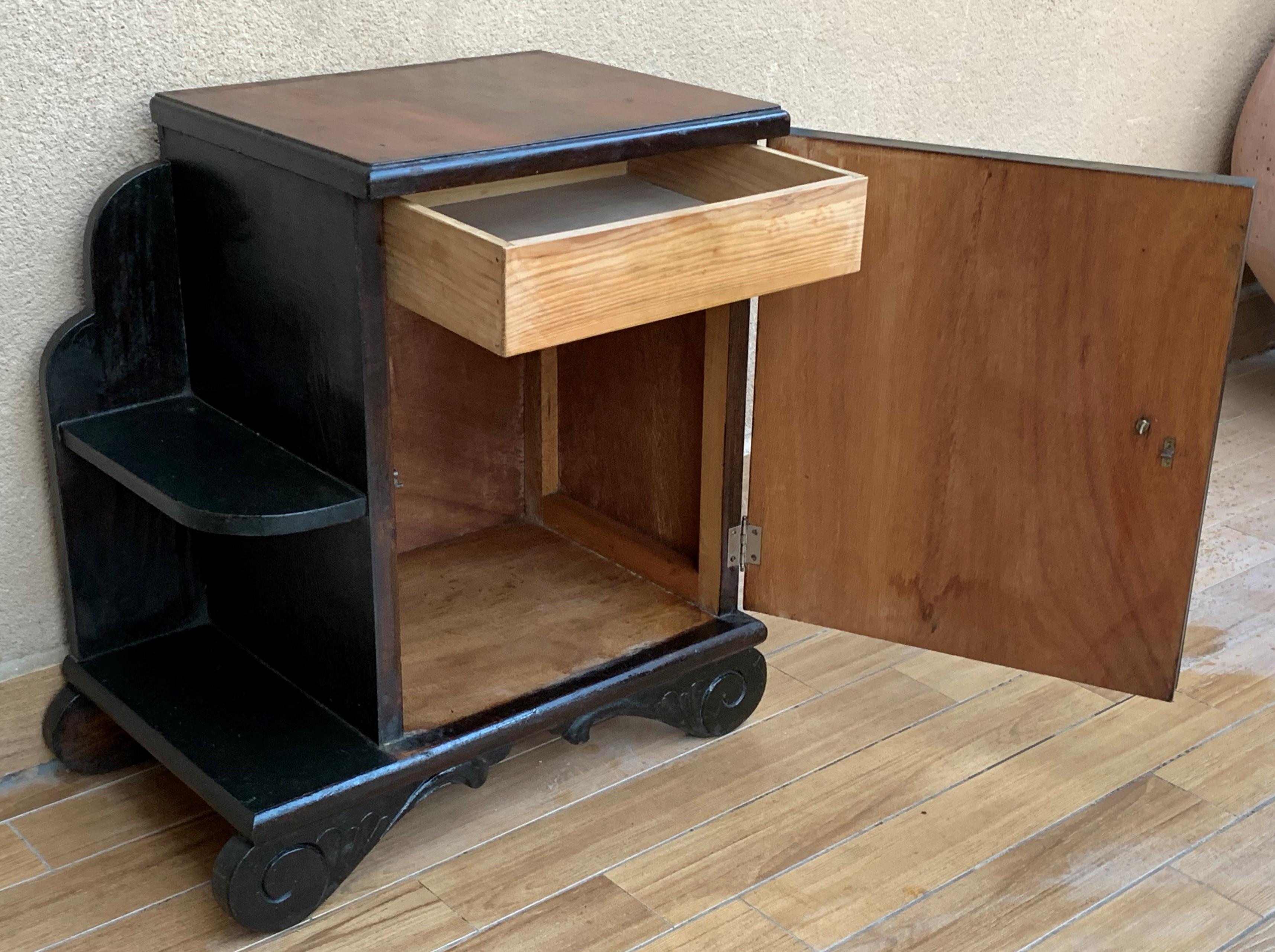 Pair of Art Deco Side Cabinets or Nightstands with Ebonized Base and Burl Walnut For Sale 6