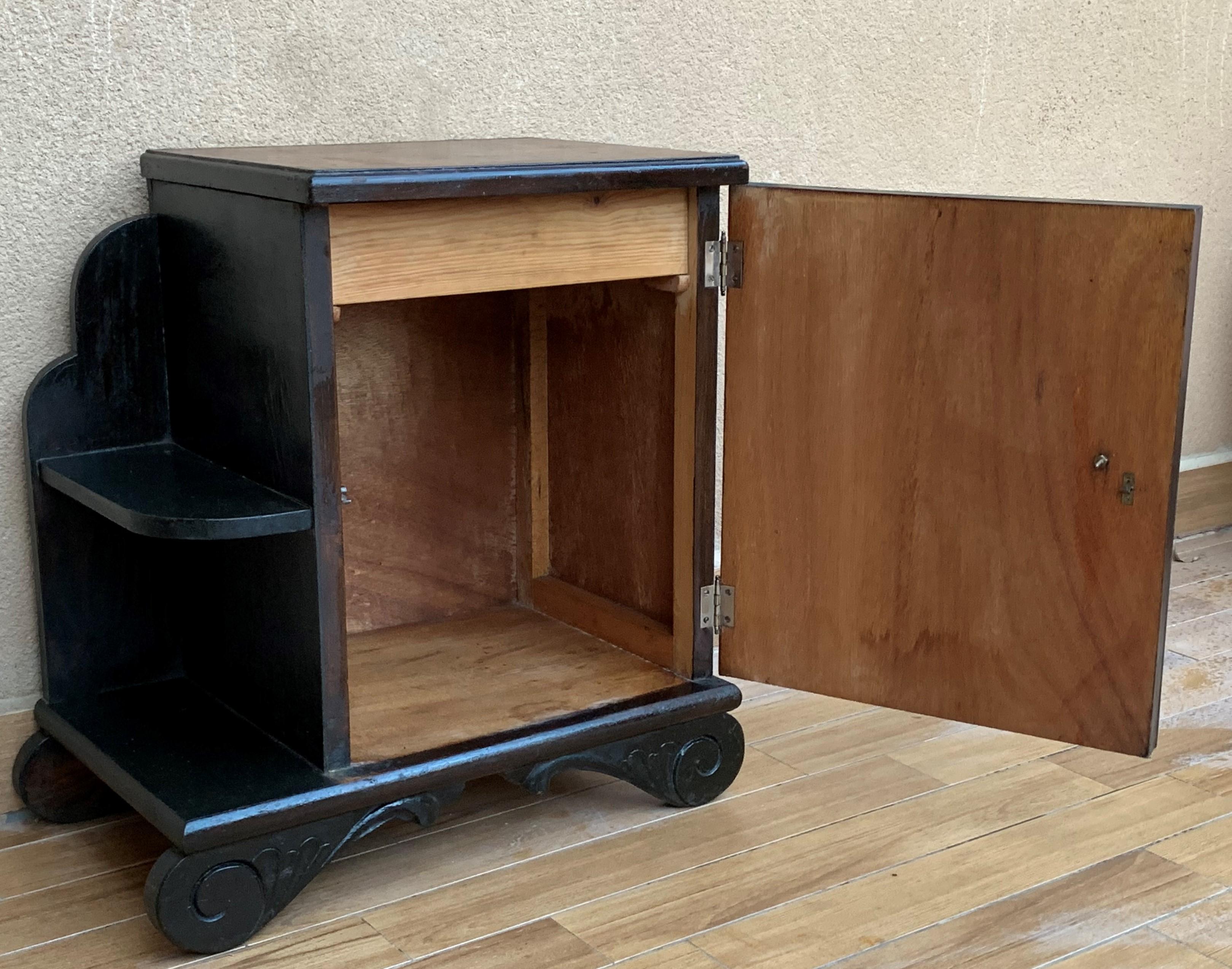 Pair of Art Deco Side Cabinets or Nightstands with Ebonized Base and Burl Walnut For Sale 7