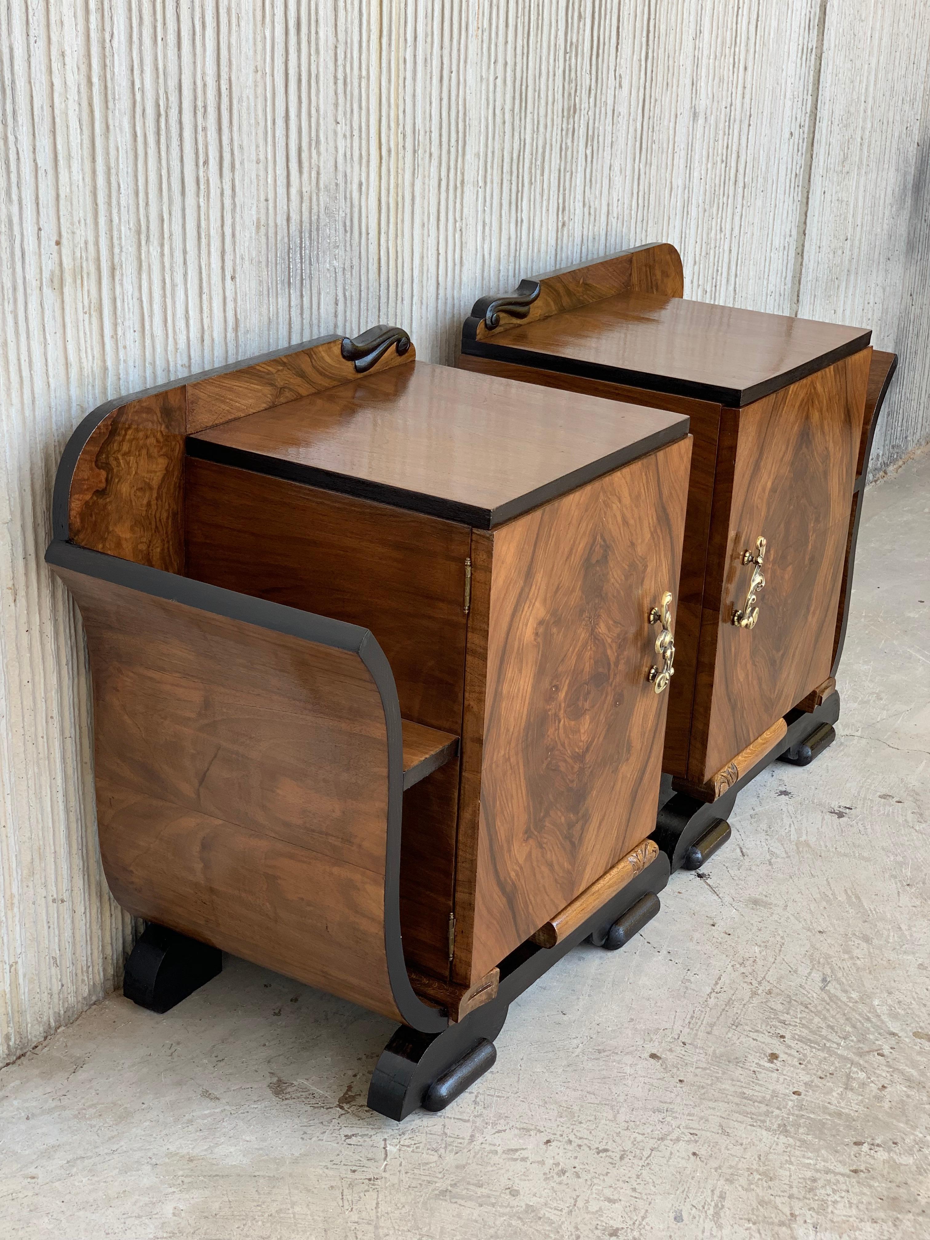Pair of Art Deco Side Cabinets or Nightstands with Ebonized Base and Burl Walnut 1