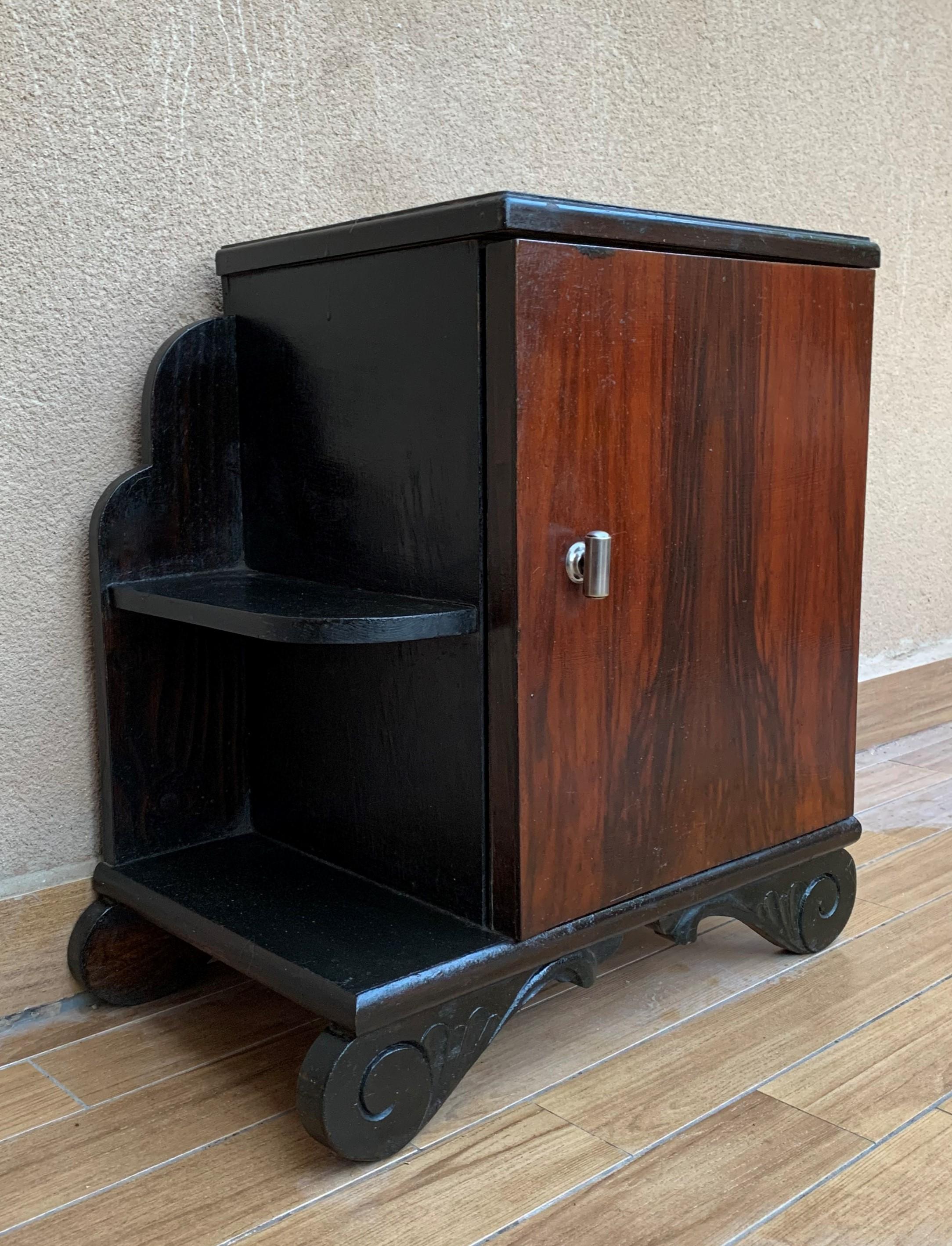 Pair of Art Deco Side Cabinets or Nightstands with Ebonized Base and Burl Walnut For Sale 1