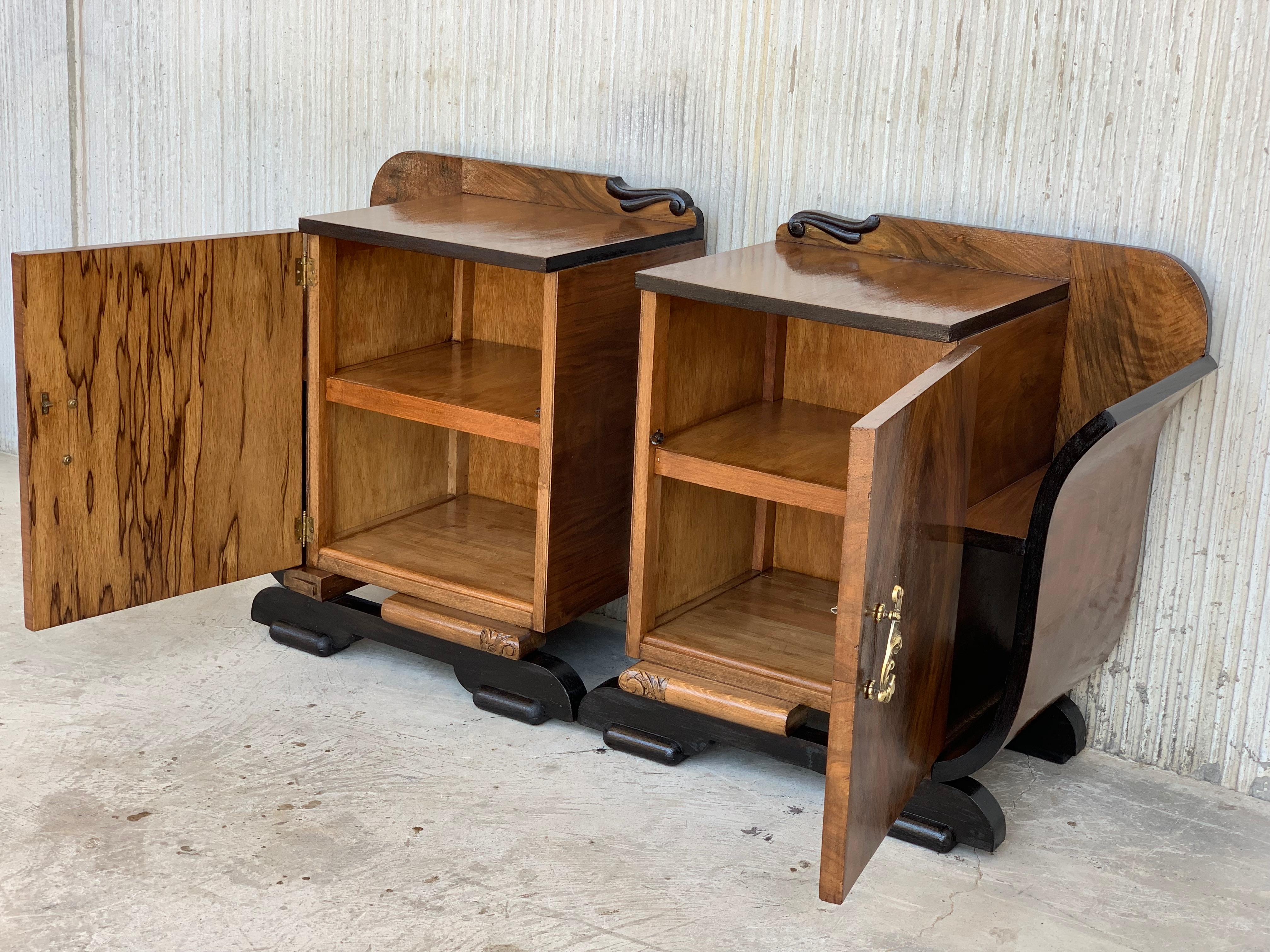 Pair of Art Deco Side Cabinets or Nightstands with Ebonized Base and Burl Walnut 2