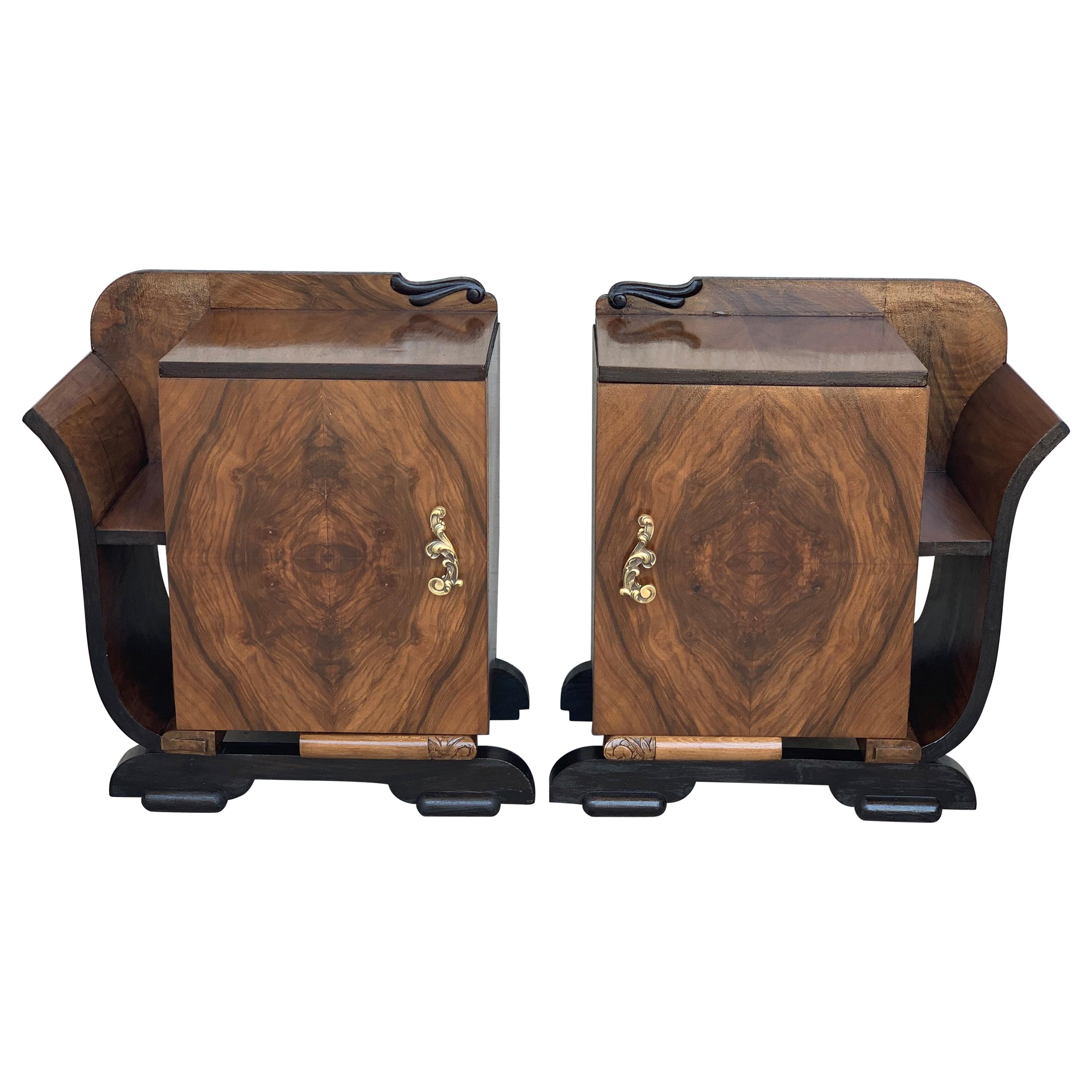 Pair of Art Deco Side Cabinets or Nightstands with Ebonized Base and Burl Walnut