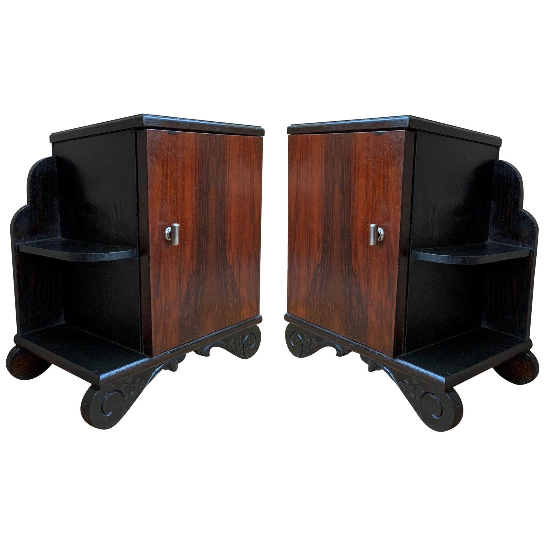 Pair of Art Deco Side Cabinets or Nightstands with Ebonized Base and Burl Walnut For Sale