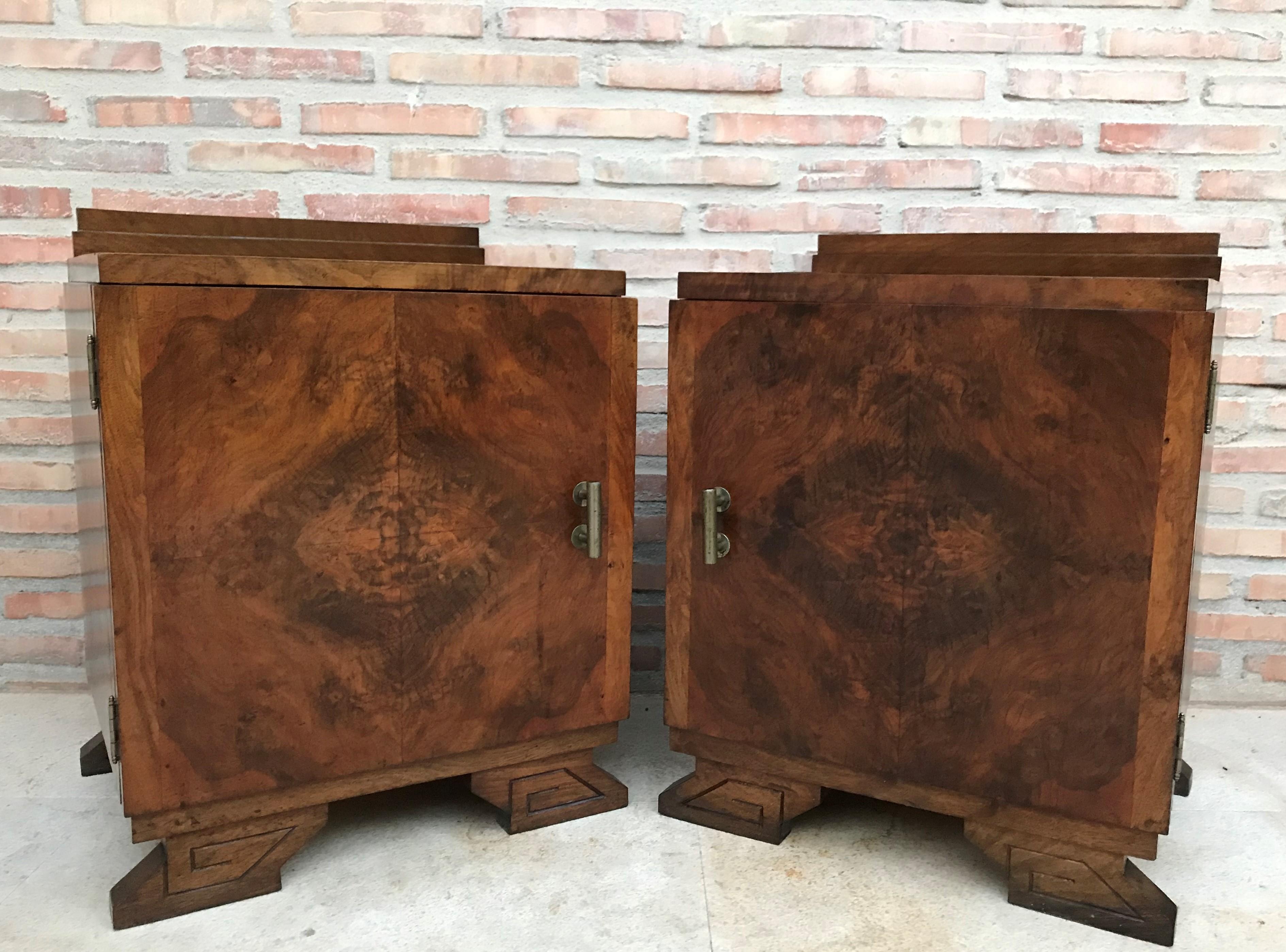 French Pair of Art Deco Side Cabinets or Nightstands with Ebonized Base and Crest
