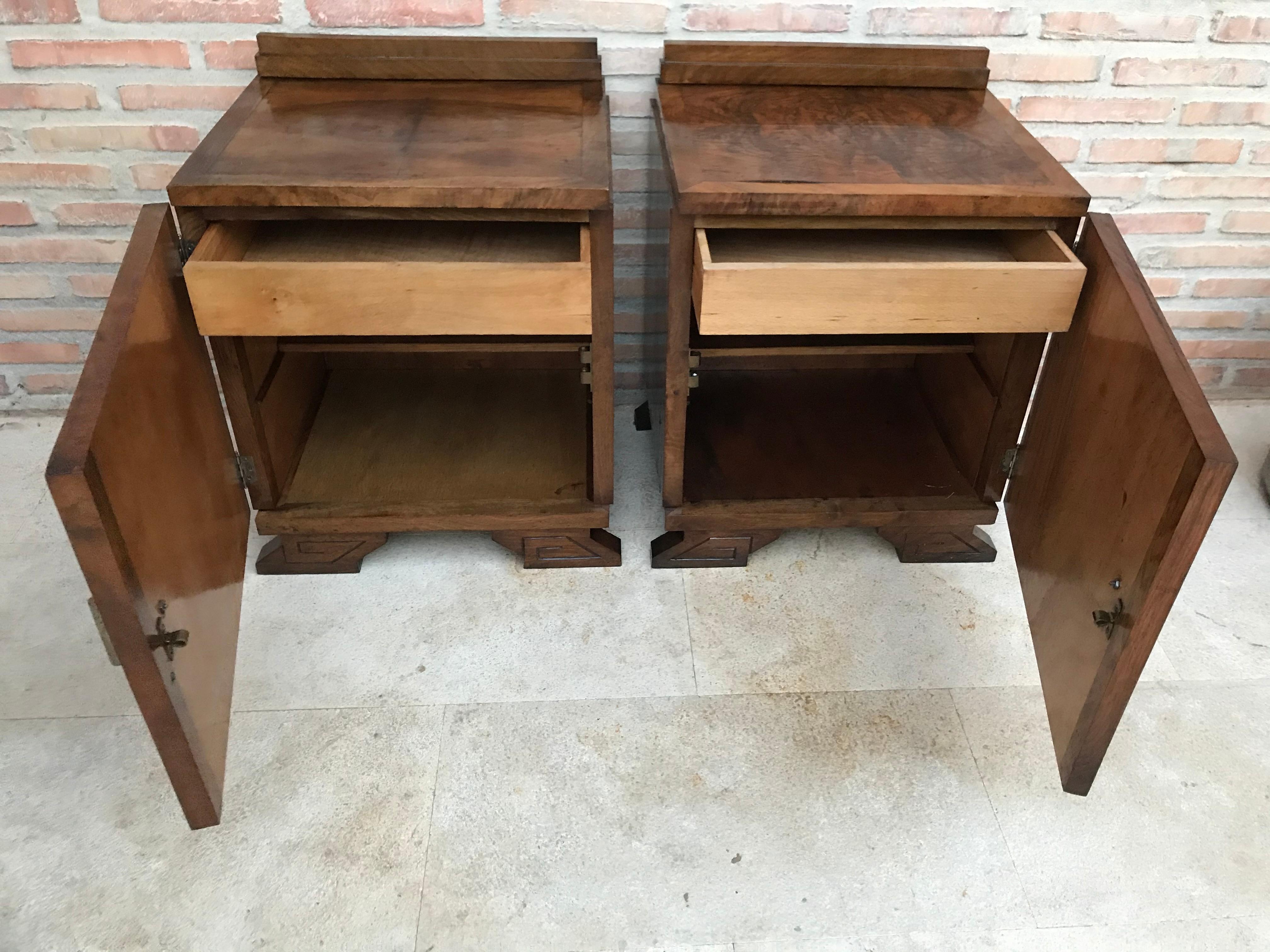 Burl Pair of Art Deco Side Cabinets or Nightstands with Ebonized Base and Crest