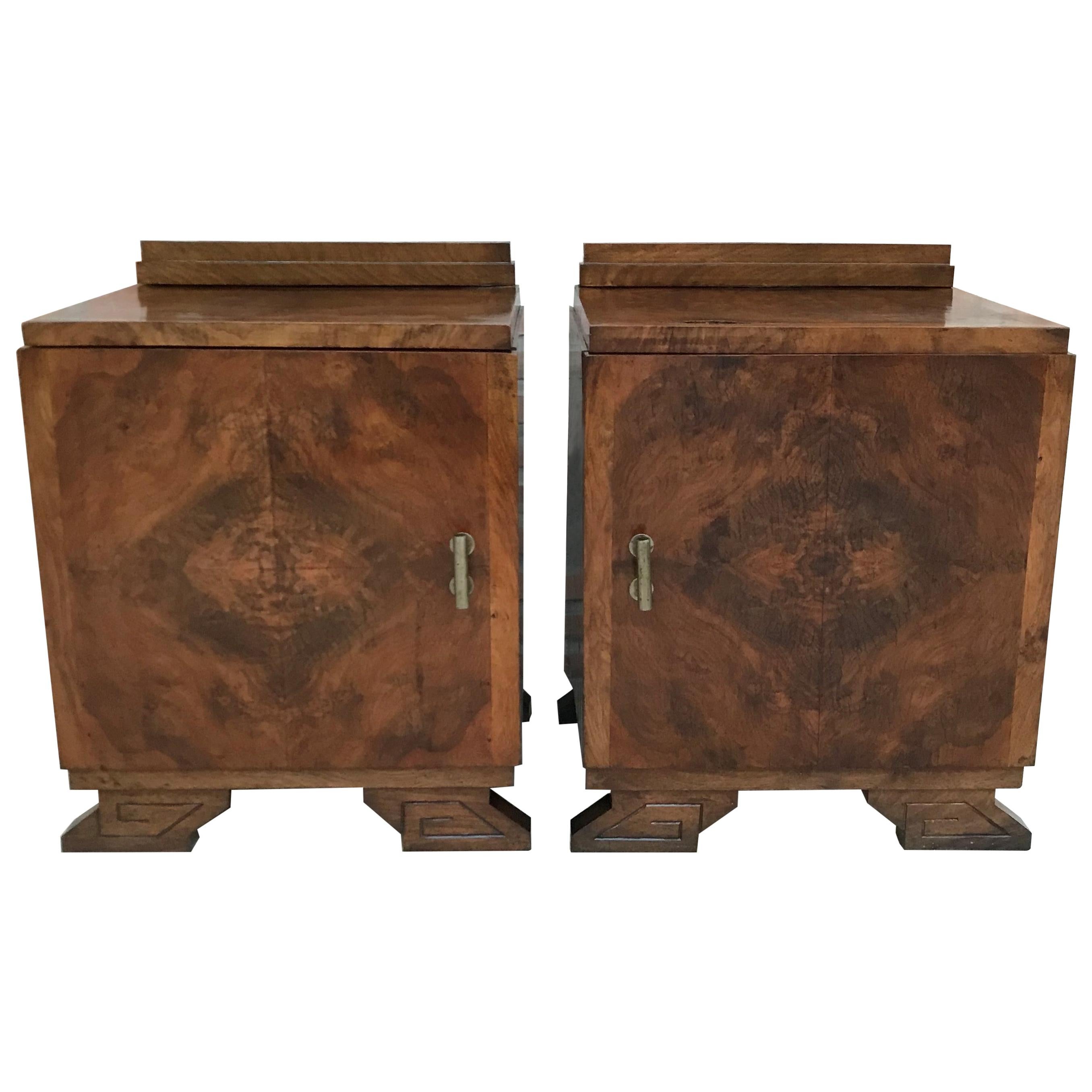 Pair of Art Deco Side Cabinets or Nightstands with Ebonized Base and Crest