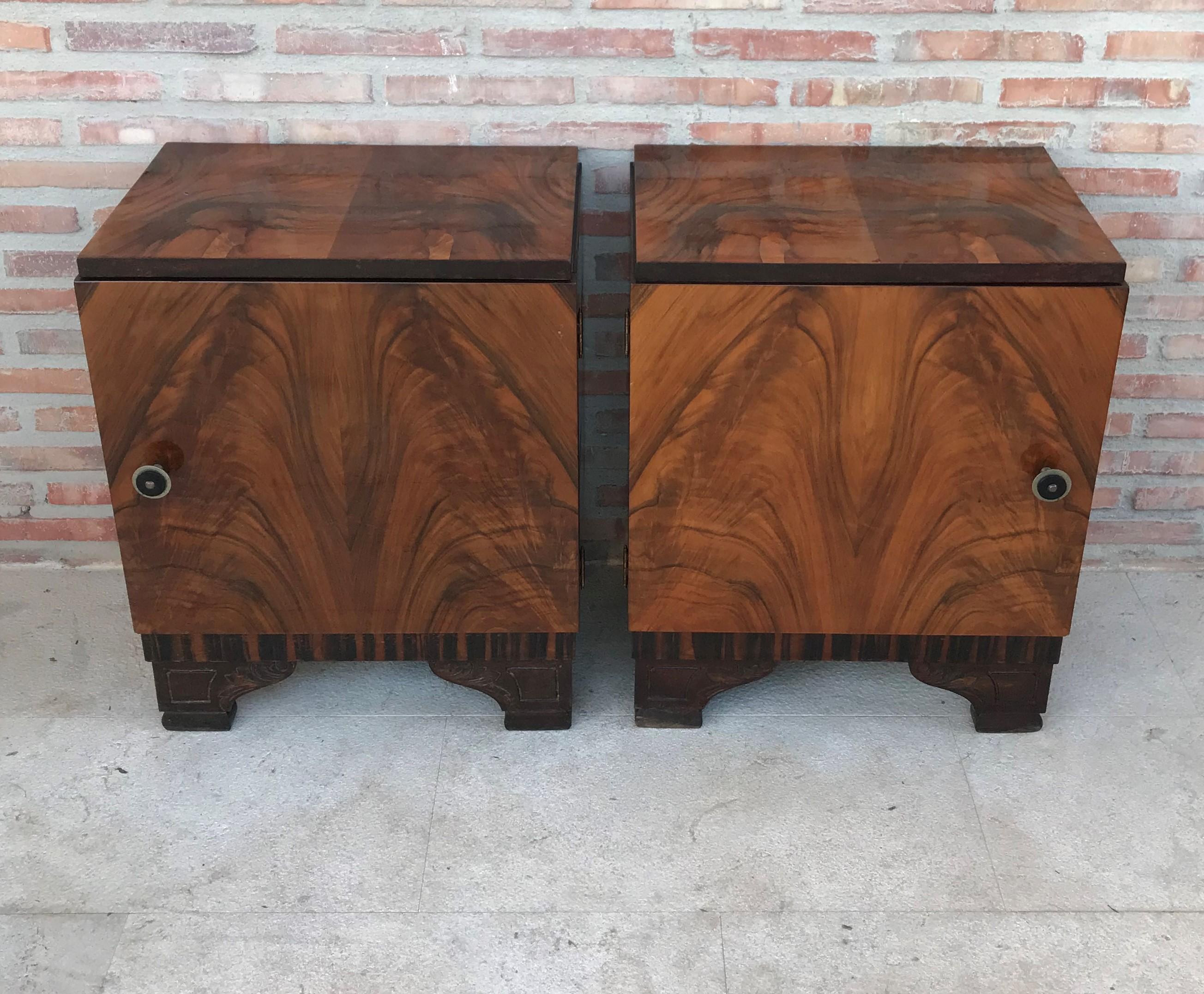 French Pair of Art Deco Side Cabinets or Nightstands with Ebonized Base