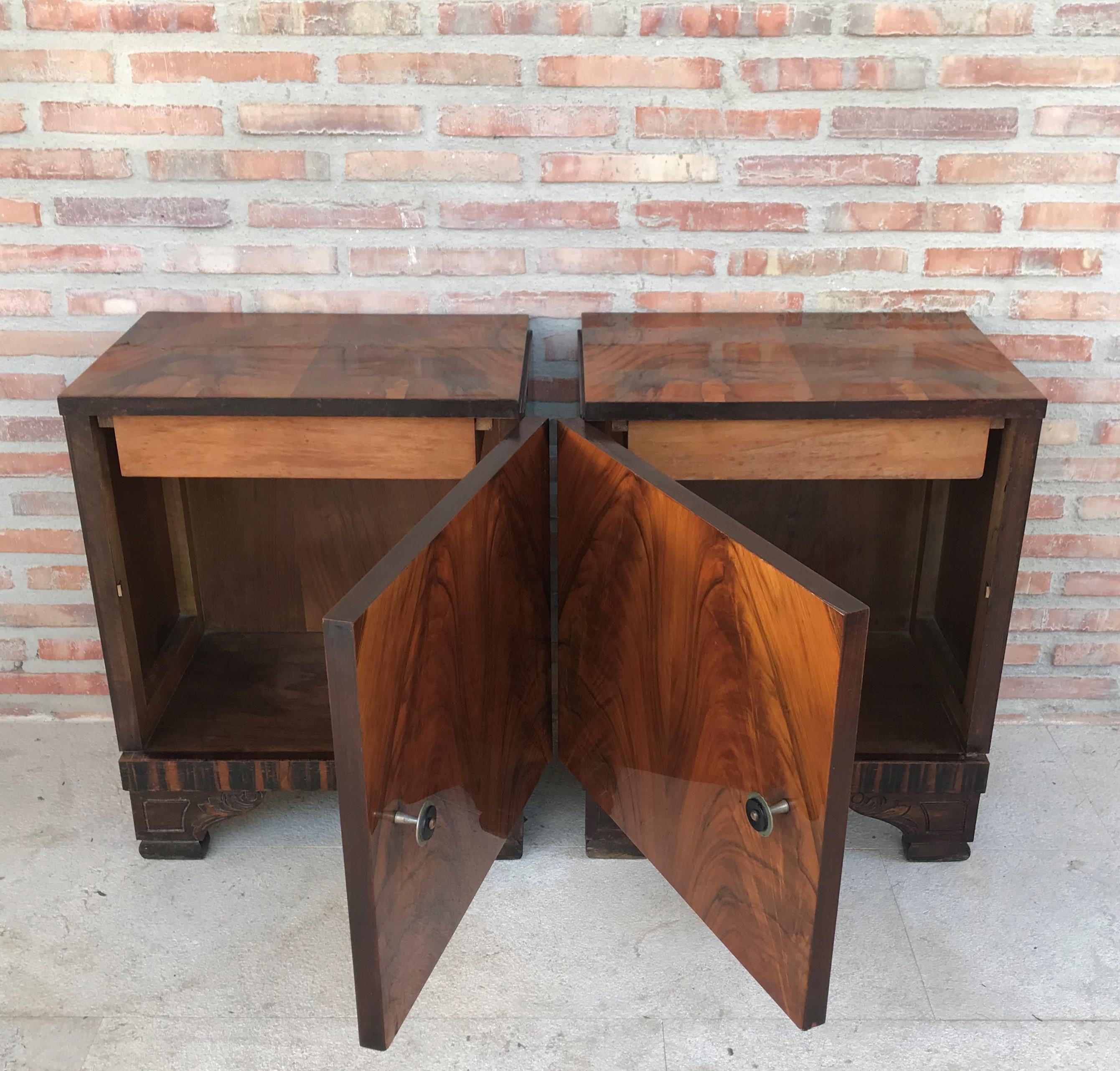 Burl Pair of Art Deco Side Cabinets or Nightstands with Ebonized Base