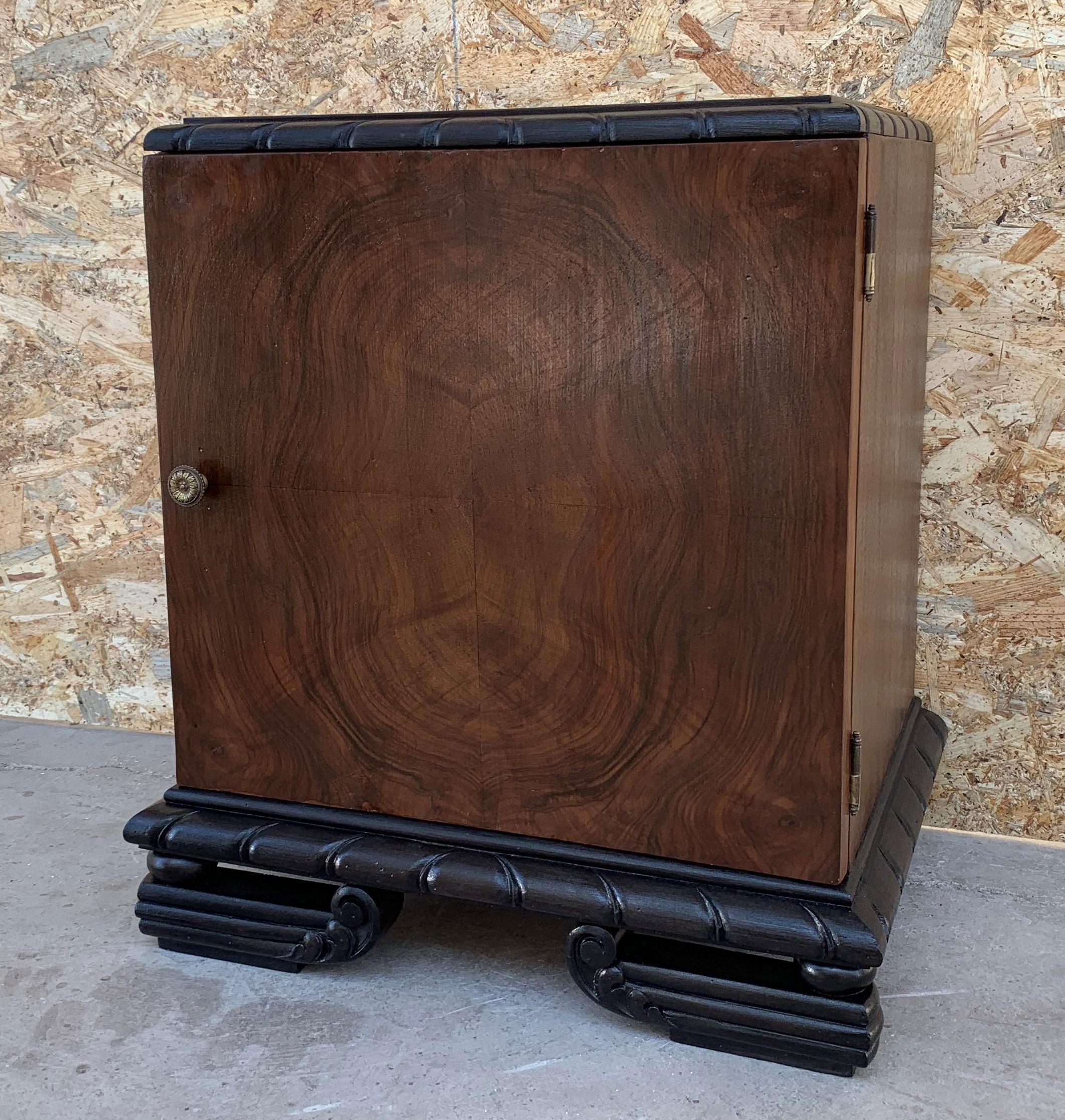 Burl Pair of Art Deco Side Cabinets or Nightstands with Ebonized Base