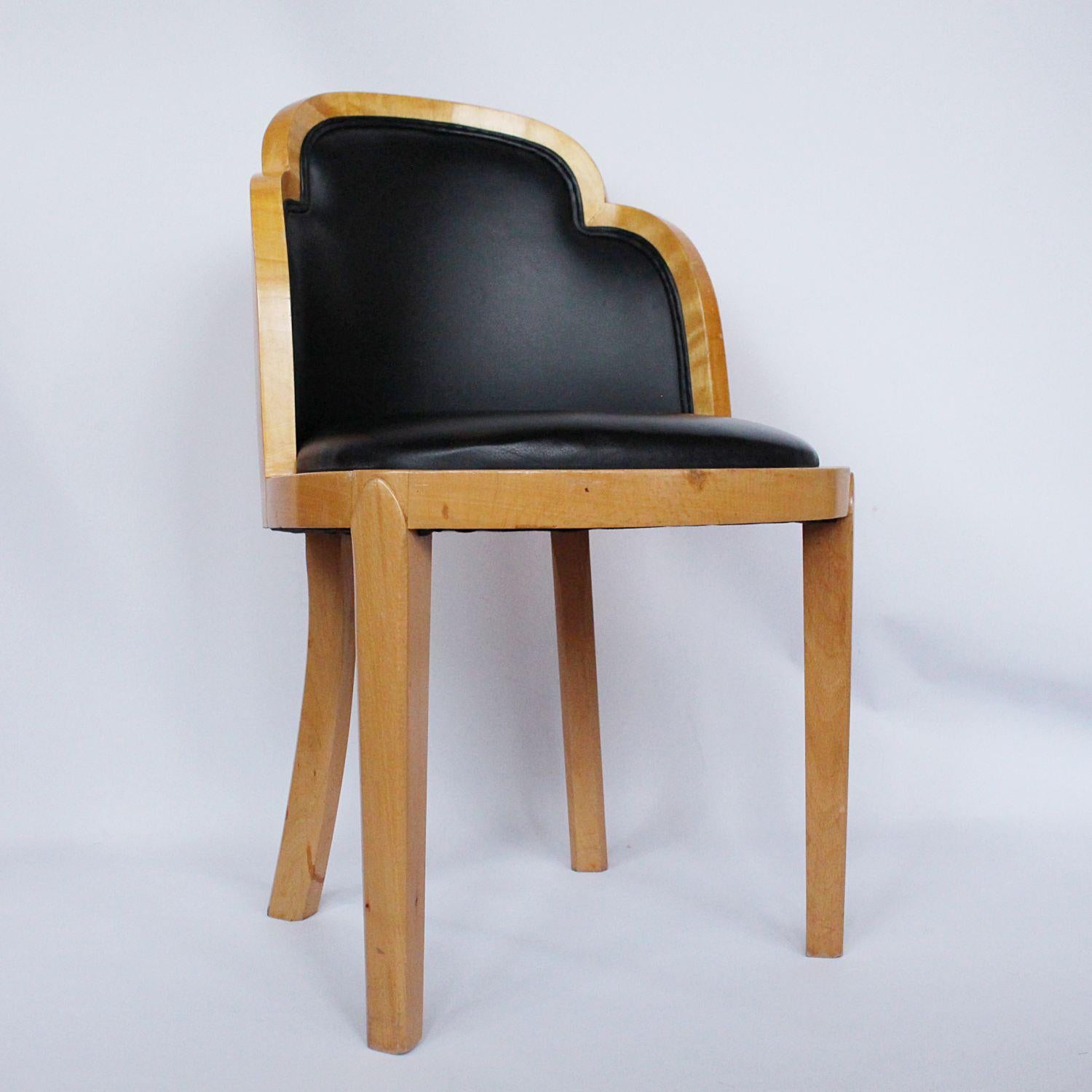 English Pair of Art Deco Side Chairs. Satin Wood & Black Leather Cloud Back Design 1930