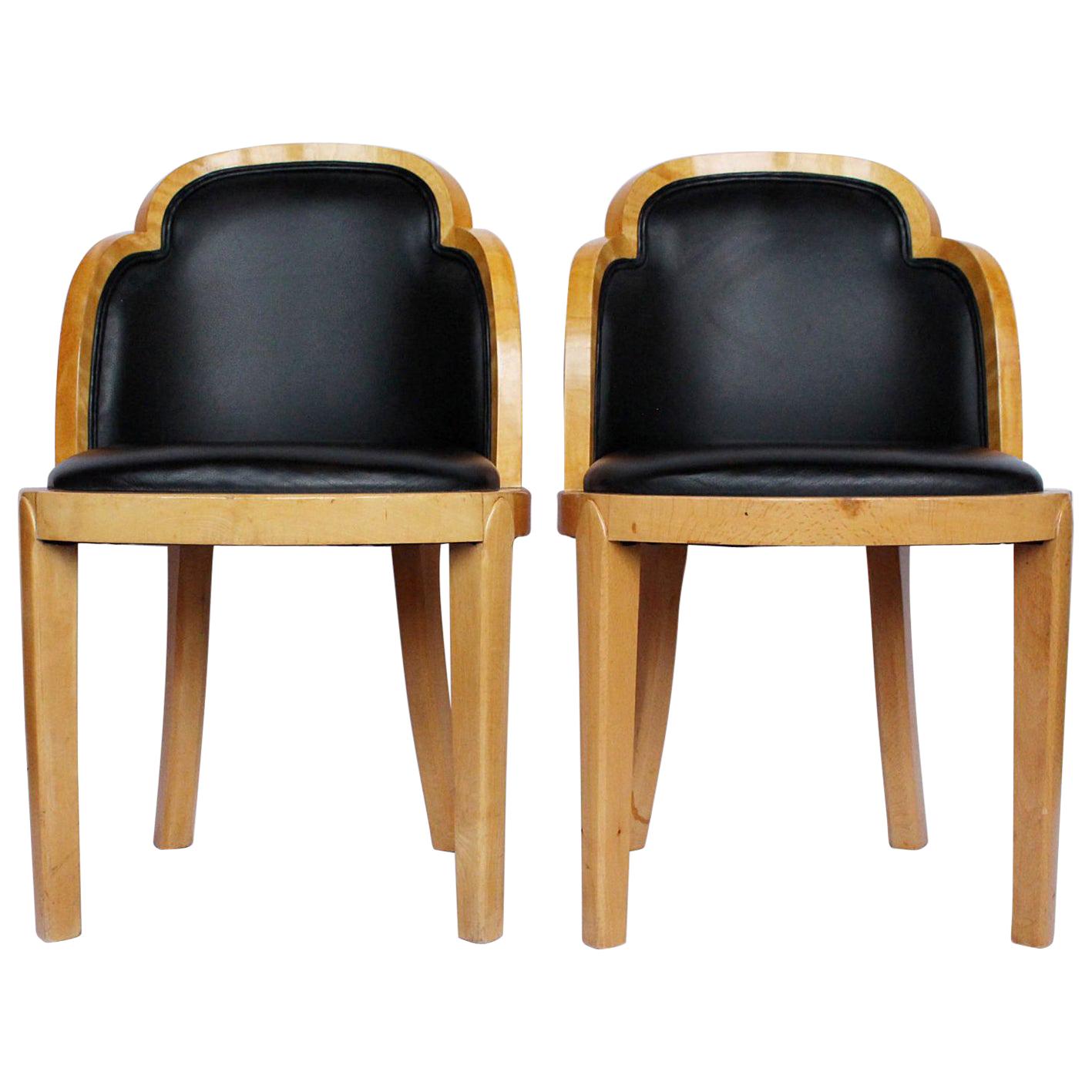 Pair of Art Deco Side Chairs. Satin Wood & Black Leather Cloud Back Design 1930