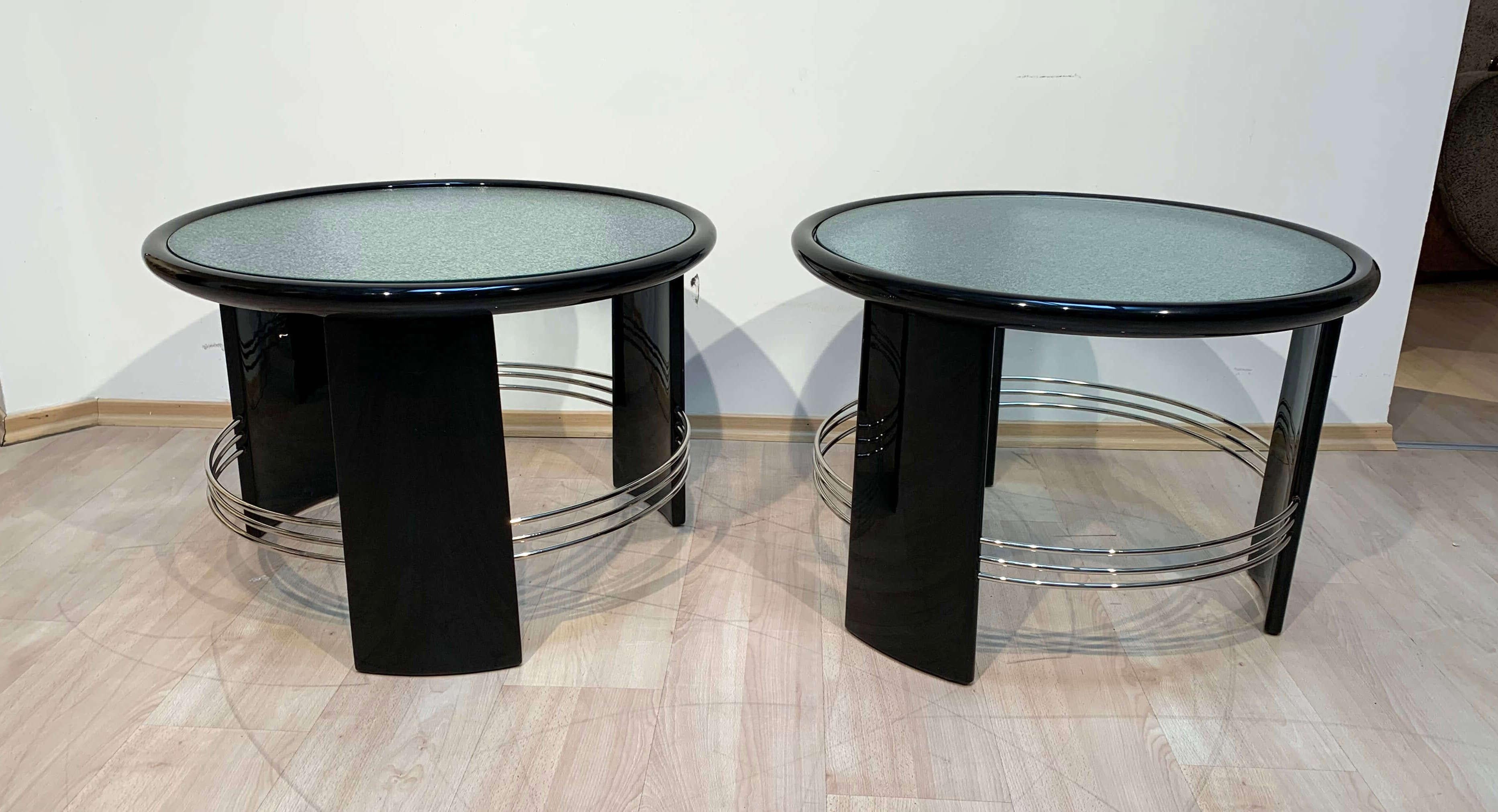 French Pair of large Art Deco Sofa Tables, Glass, Black Lacquer, Nickel, France, 1930s