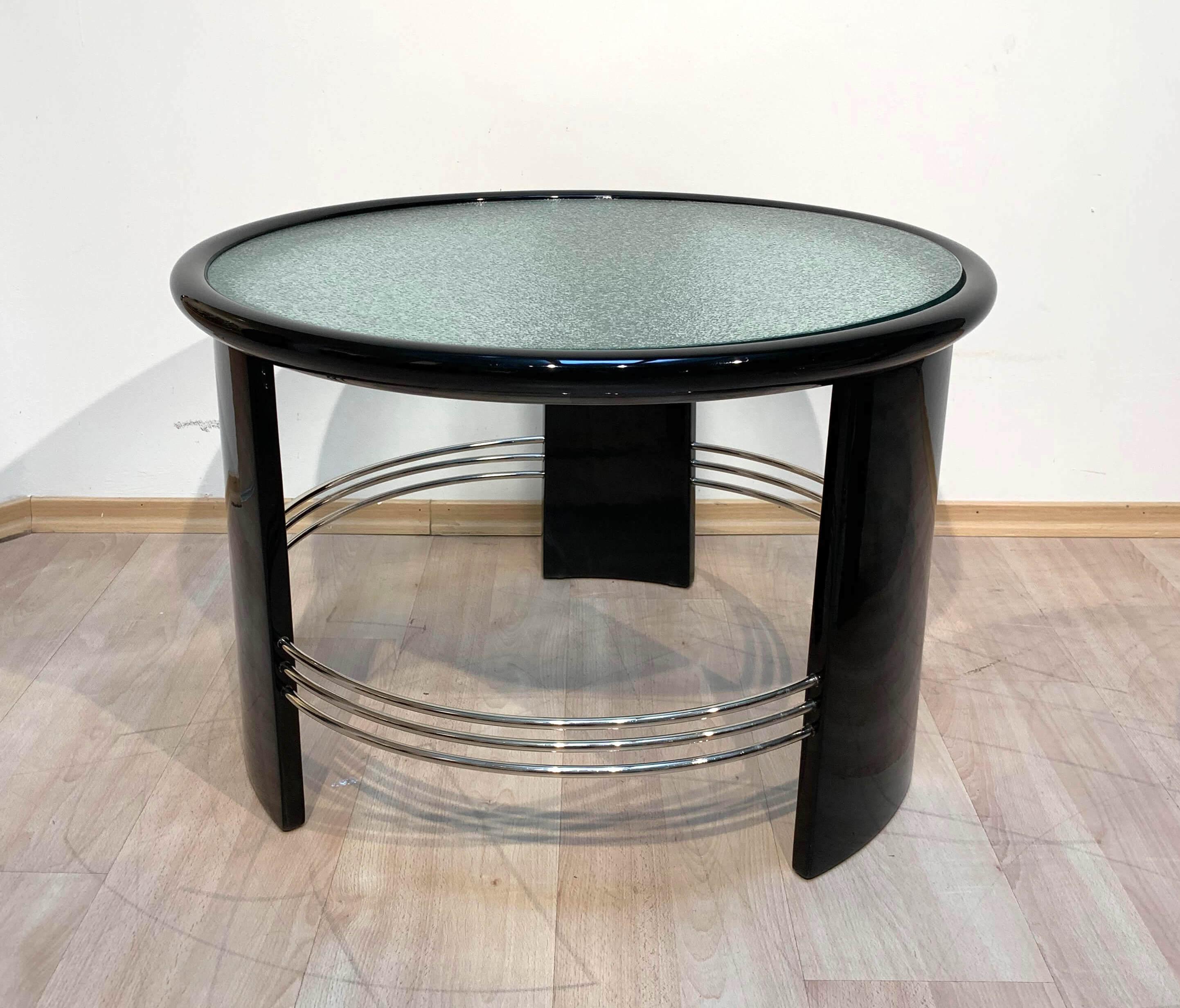 Polished Pair of large Art Deco Sofa Tables, Glass, Black Lacquer, Nickel, France, 1930s