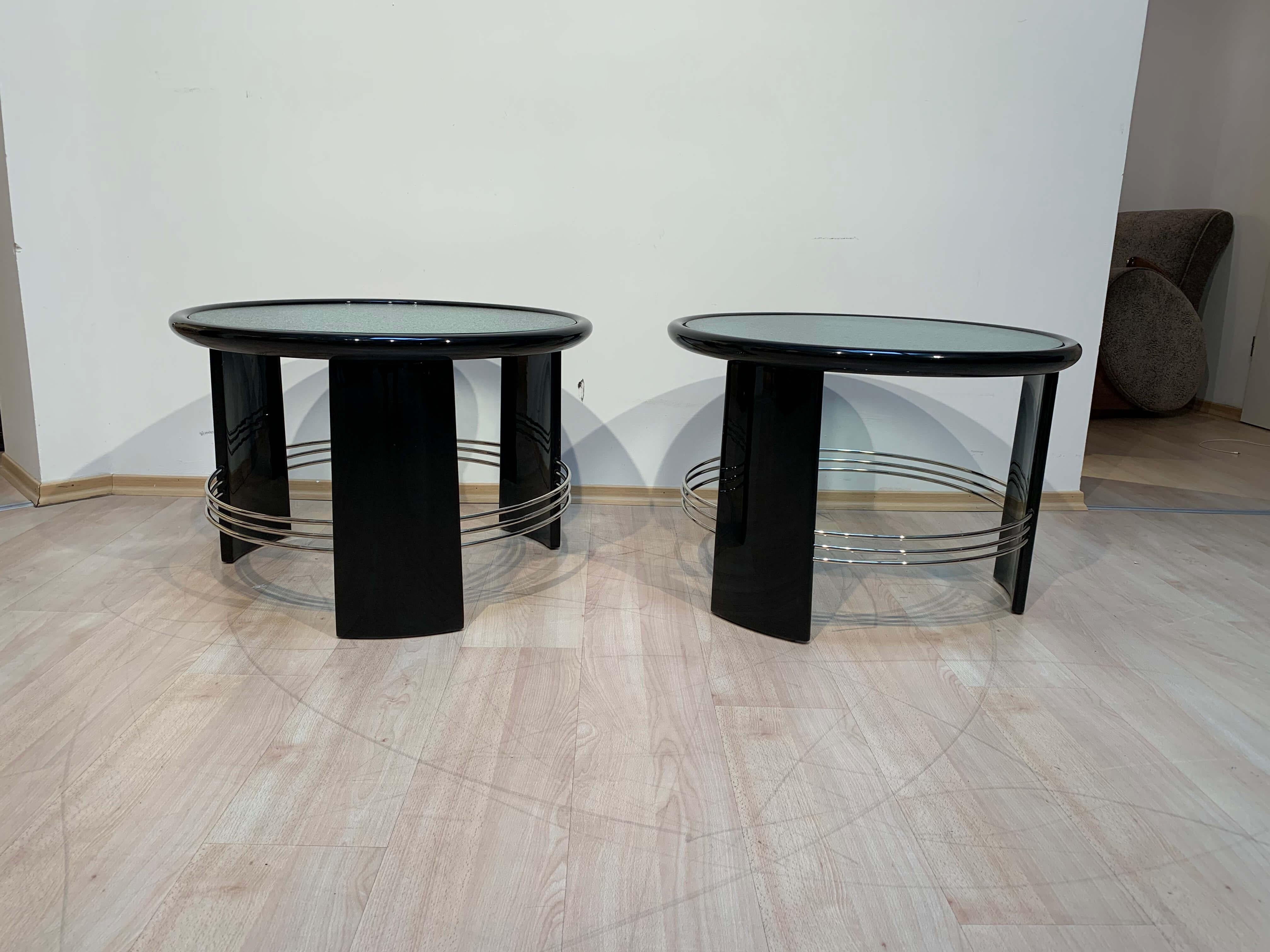 Mid-20th Century Pair of large Art Deco Sofa Tables, Glass, Black Lacquer, Nickel, France, 1930s