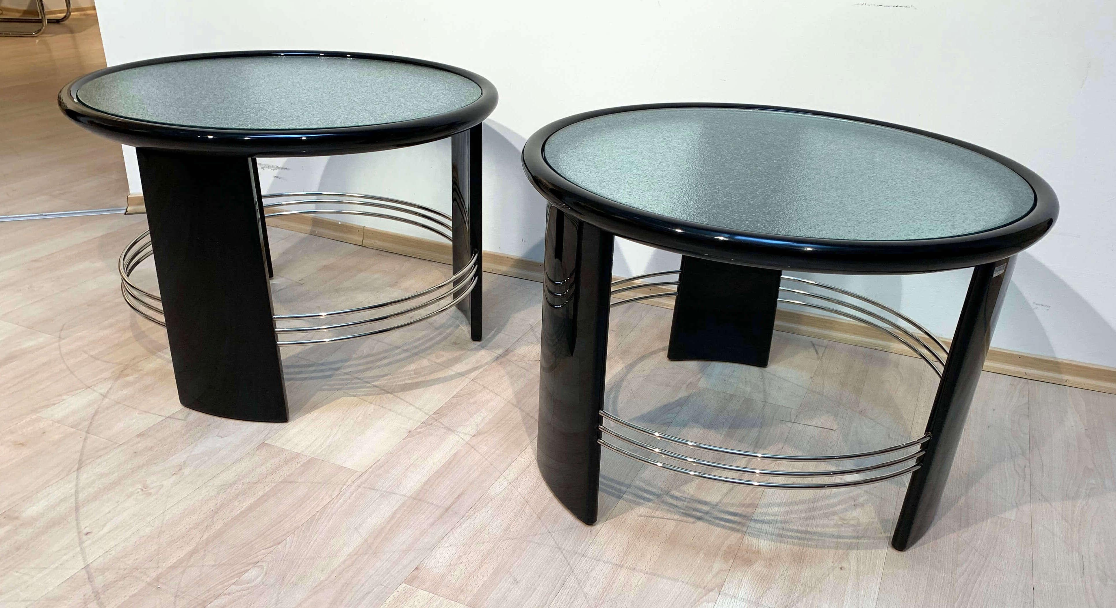 Metal Pair of large Art Deco Sofa Tables, Glass, Black Lacquer, Nickel, France, 1930s