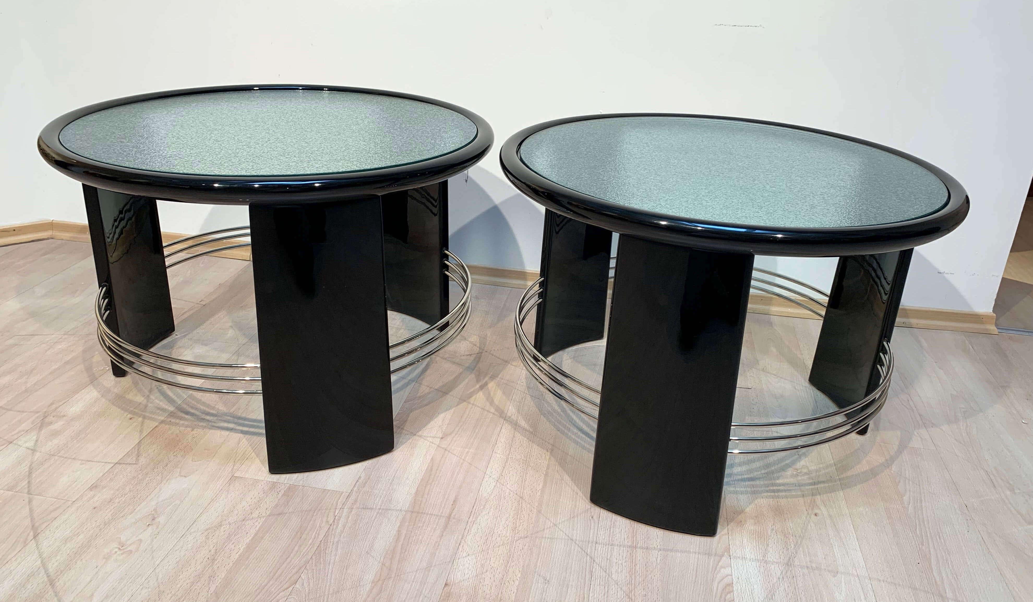 Pair of large Art Deco Sofa Tables, Glass, Black Lacquer, Nickel, France, 1930s 1