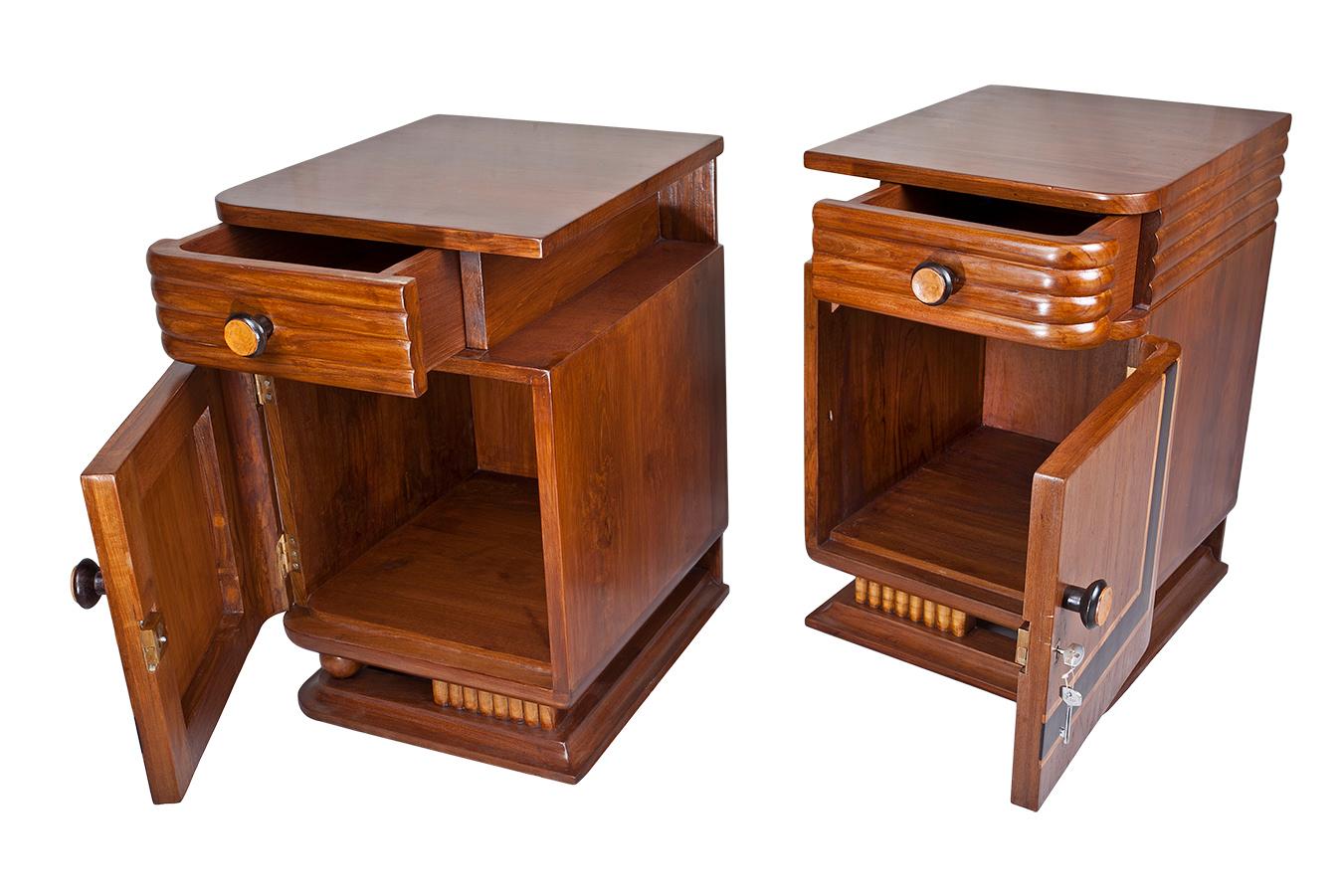Pair of Art Deco Side Table Cabinets, Teak with Rosewood Inlay In Good Condition In Nantucket, MA