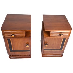 Pair of Art Deco Side Table Cabinets, Teak with Rosewood Inlay