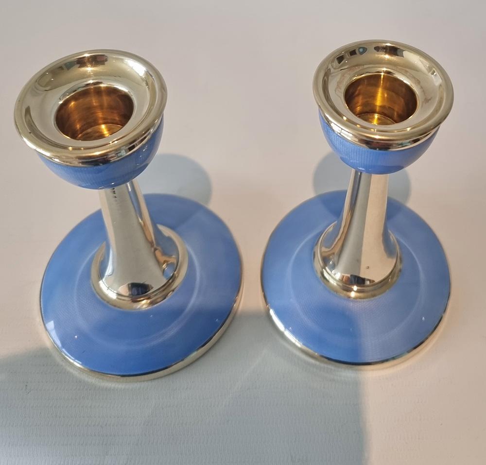 Pair of Art Deco Silver and Blue Guilloche Enamel Candlesticks In Good Condition For Sale In London, GB