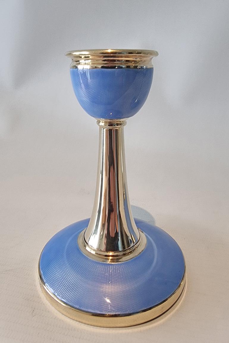 Early 20th Century Pair of Art Deco Silver and Blue Guilloche Enamel Candlesticks For Sale