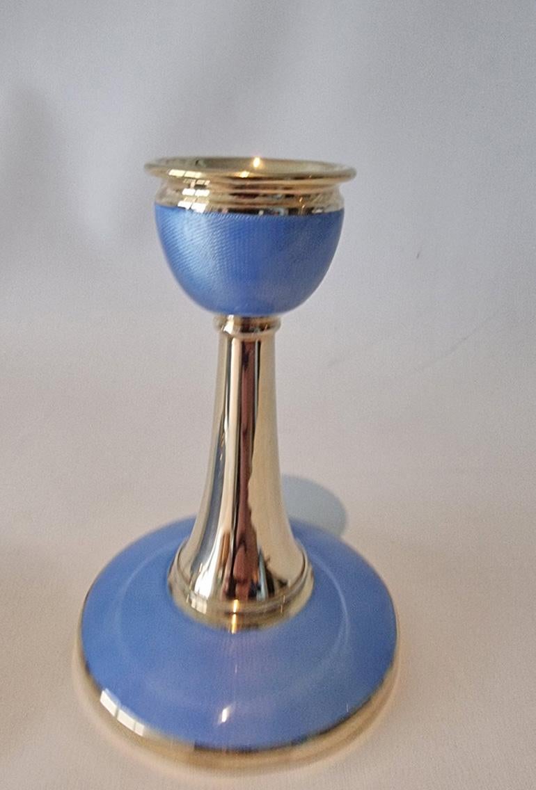 Pair of Art Deco Silver and Blue Guilloche Enamel Candlesticks For Sale 1