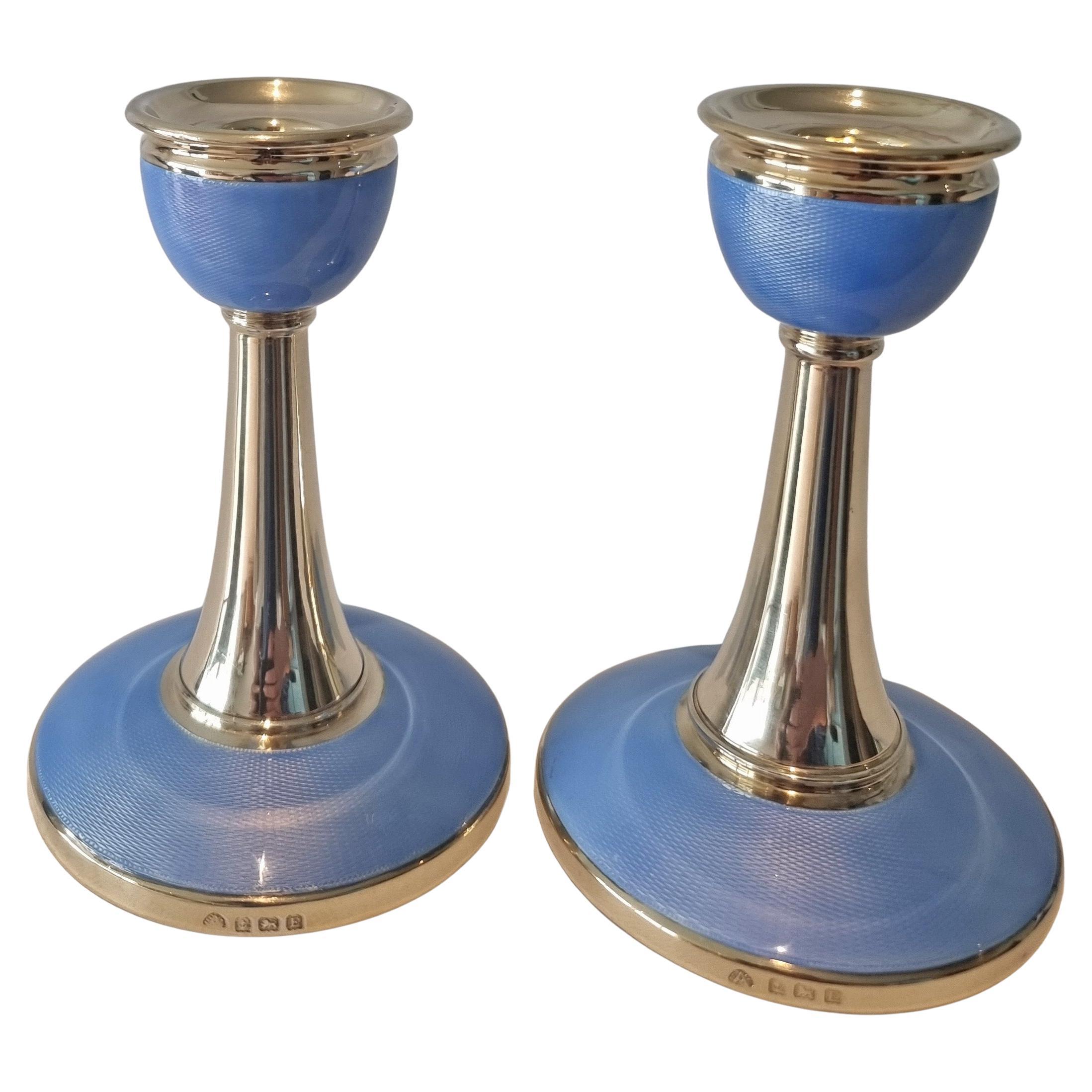 Pair of Art Deco Silver and Blue Guilloche Enamel Candlesticks