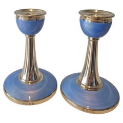 Pair of Art Deco Silver and Blue Guilloche Enamel Candlesticks