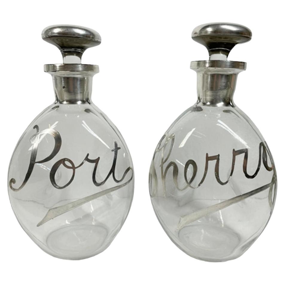 Pair of Art Deco Silver Overlay Pinch Decanters "PORT" & "SHERRY" For Sale