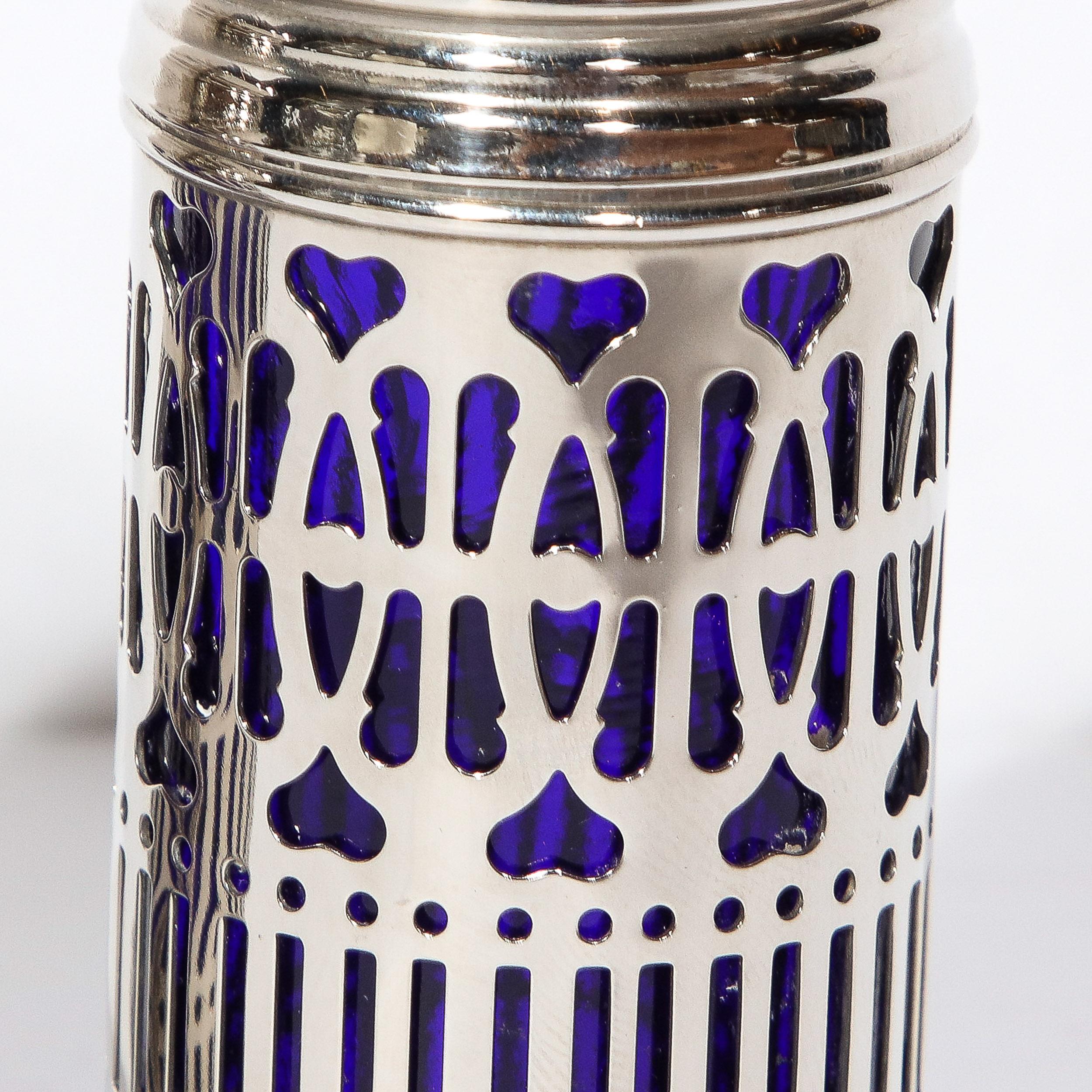 Pair of Art Deco Silver Plate and Cobalt Blue Glass Salt and Pepper Shakers For Sale 2