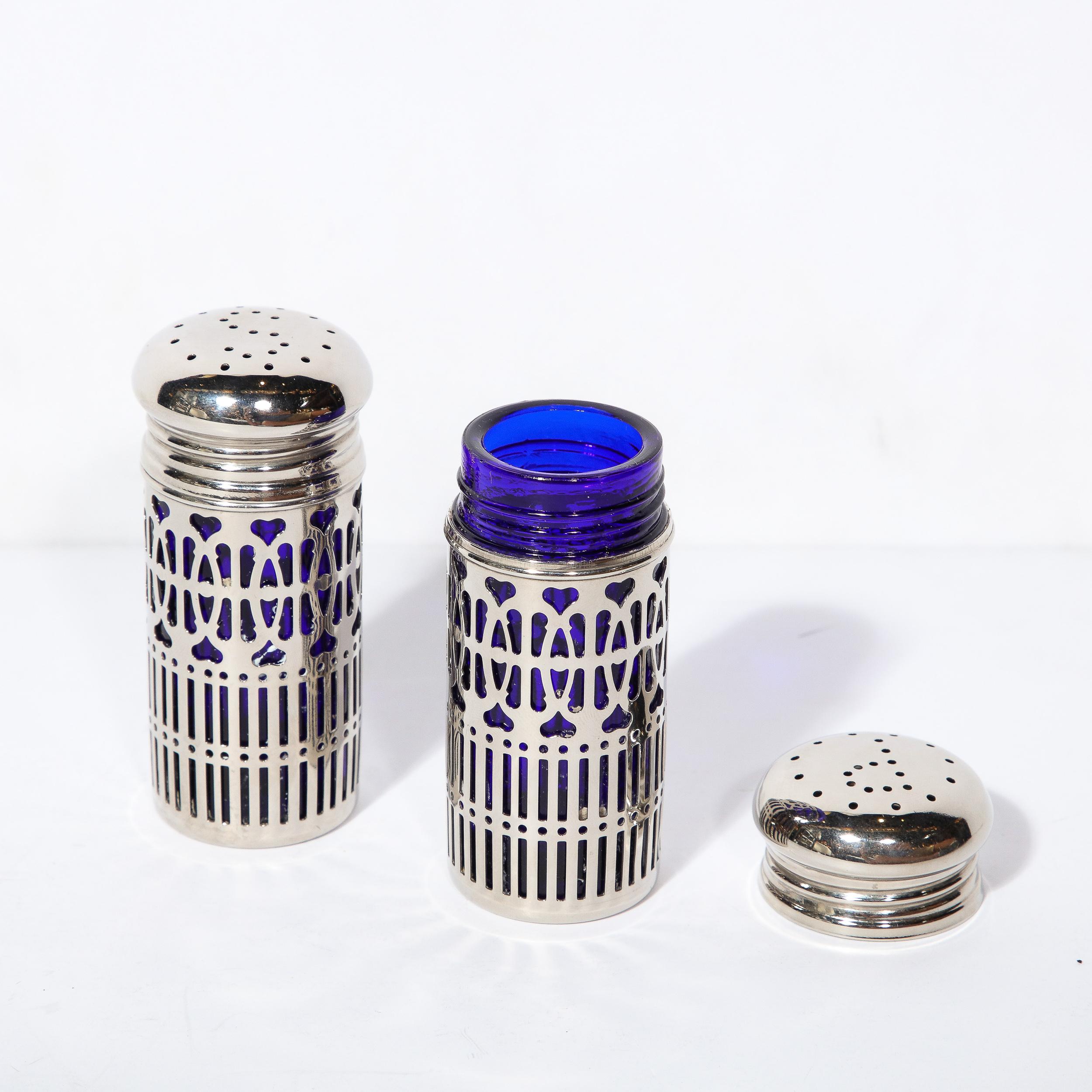 Pair of Art Deco Silver Plate and Cobalt Blue Glass Salt and Pepper Shakers For Sale 4