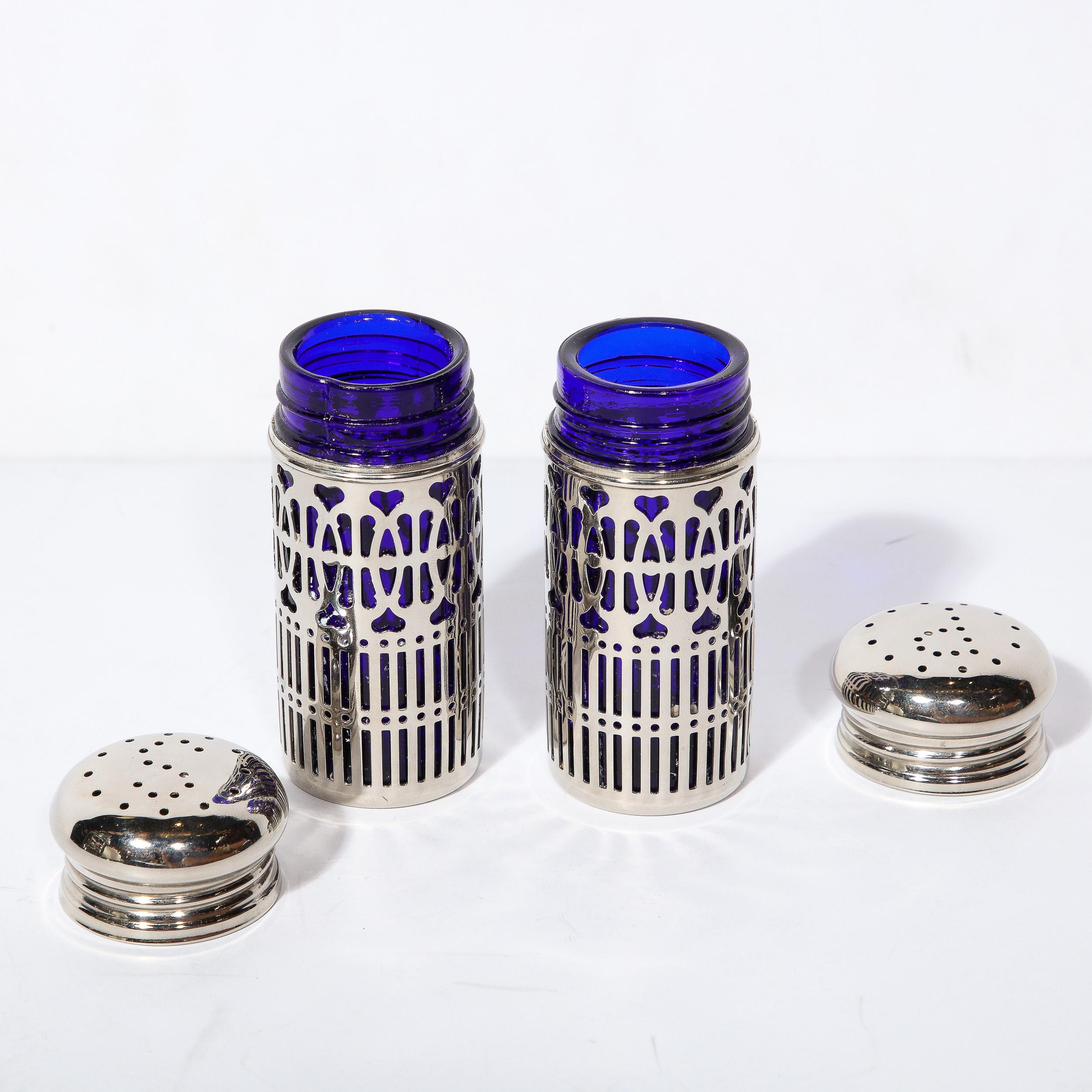 Pair of Art Deco Silver Plate and Cobalt Blue Glass Salt and Pepper Shakers For Sale 5