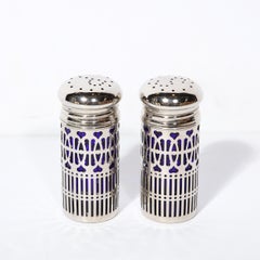 Pair of Art Deco Silver Plate and Cobalt Blue Glass Salt and Pepper Shakers
